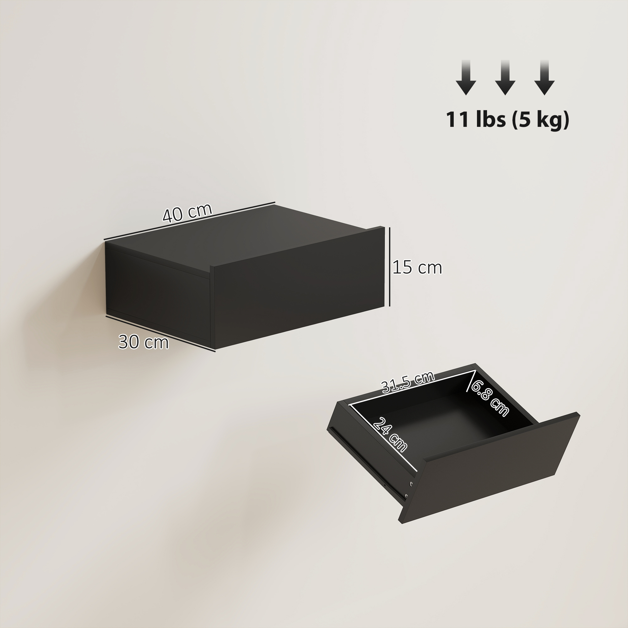 Mensola da parete nera con cassetto, dimensioni 40x30x15 cm, carico 5 kg.