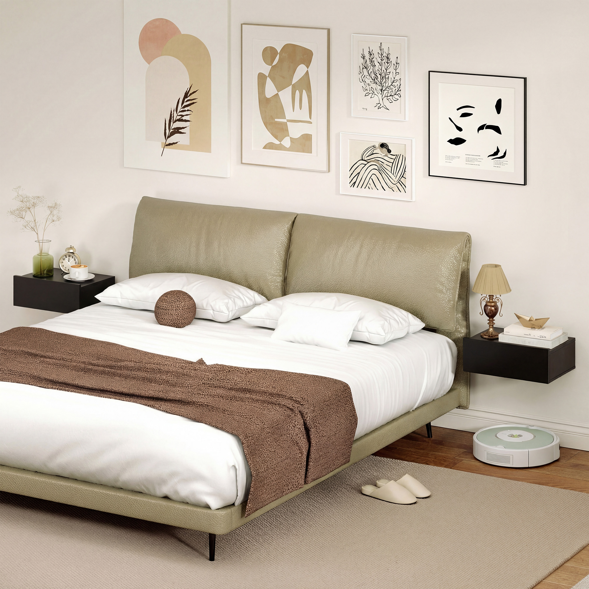 Camera da letto moderna con letto, comodini, arte e robot aspirapolvere.