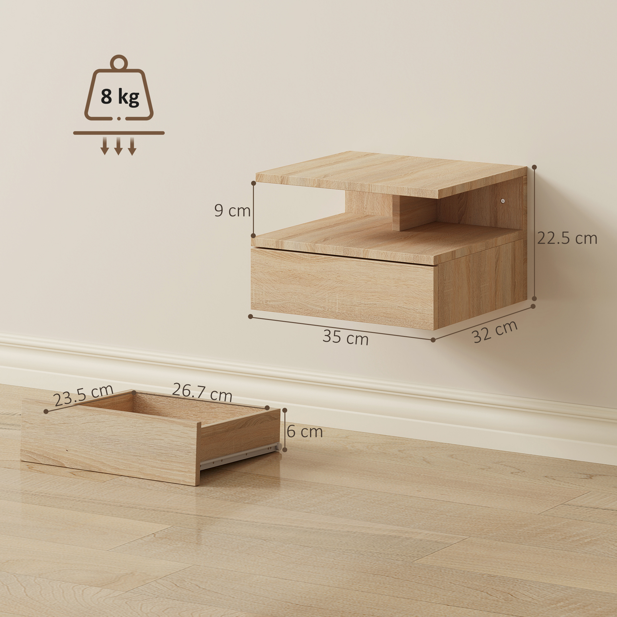 Un comodino da parete in legno con un cassetto e dimensioni indicate.