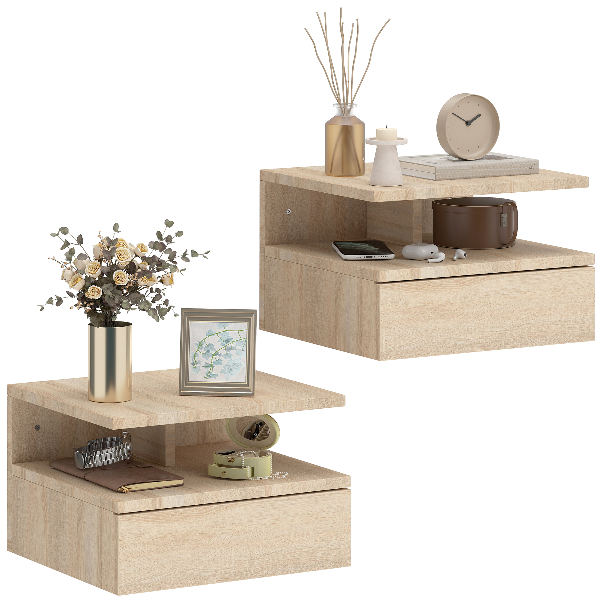 Due comodini in legno con cassetti, decorati con fiori, orologio e candela.