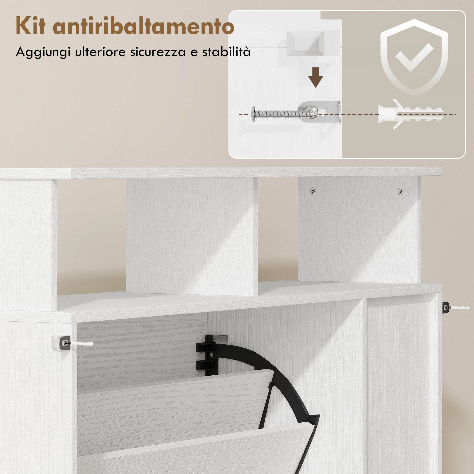 Kit antiribaltamento con vite e tassello su mobile bianco.