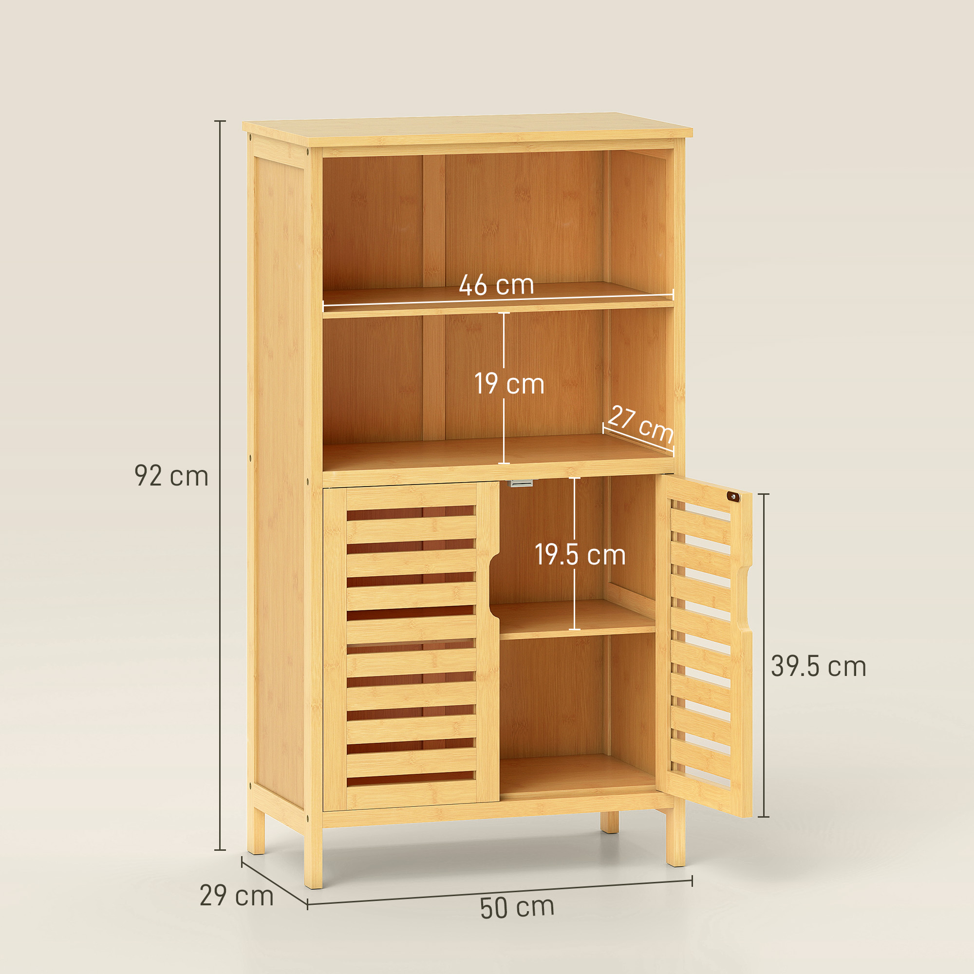 Un armadio in legno con ripiani aperti e chiusi, che mostra le dimensioni.