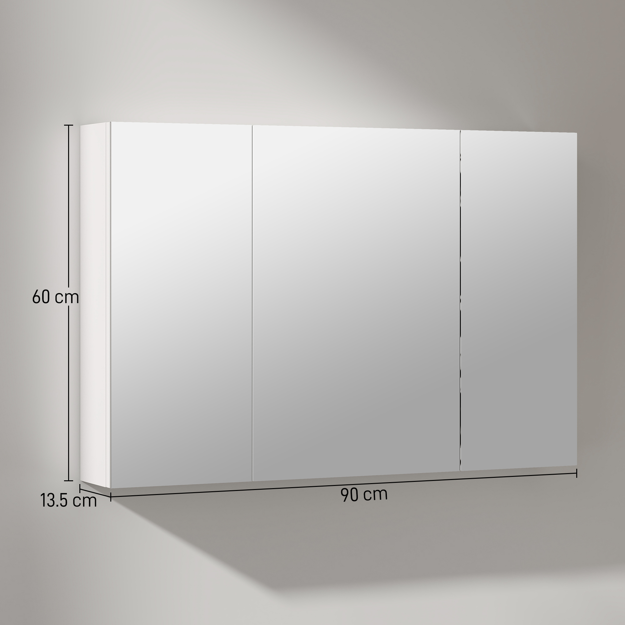 Un mobile specchio bianco a tre ante, 90x60x13,5 cm.