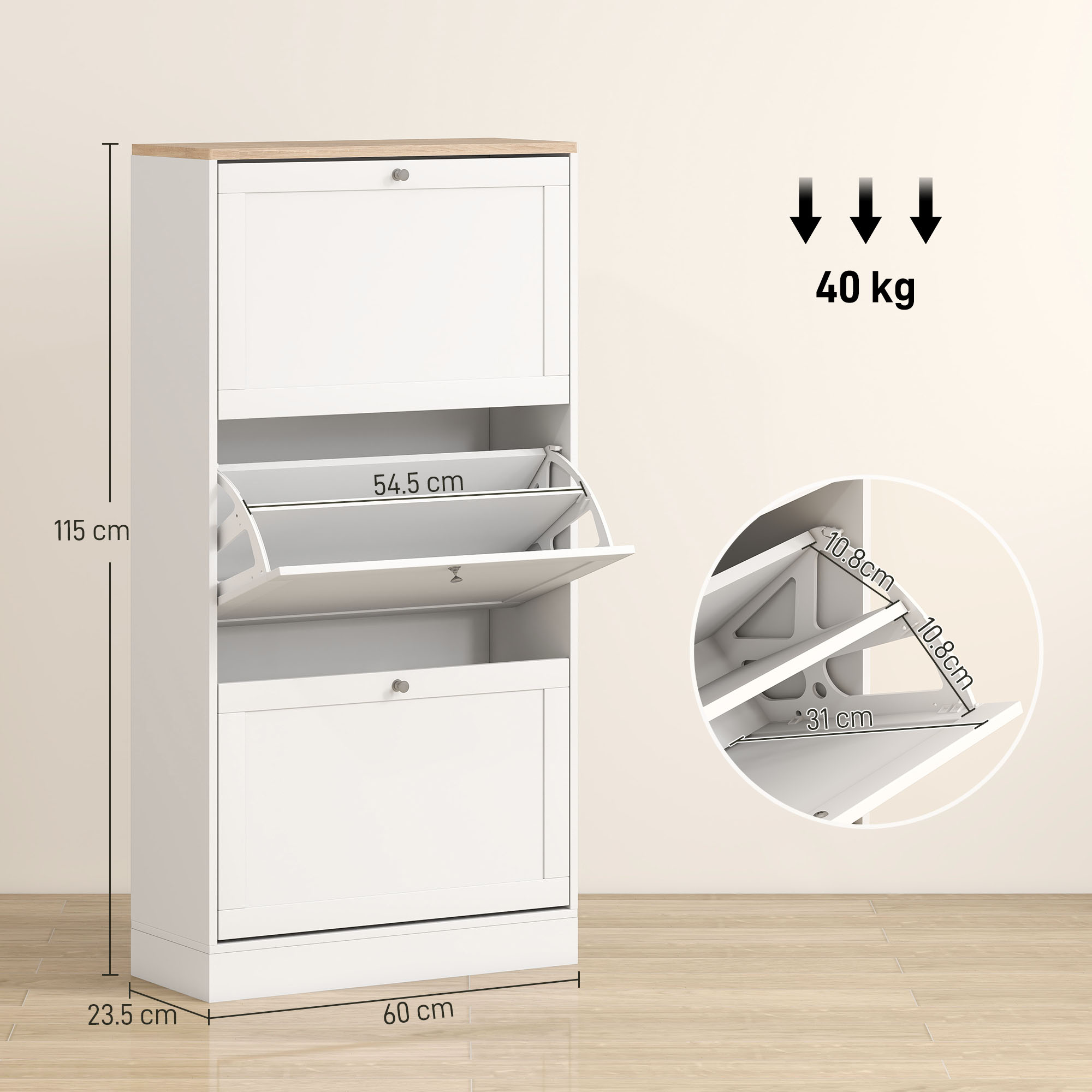 Mobiletto portascarpini bianco con top in legno, tre ante a ribalta e misure.