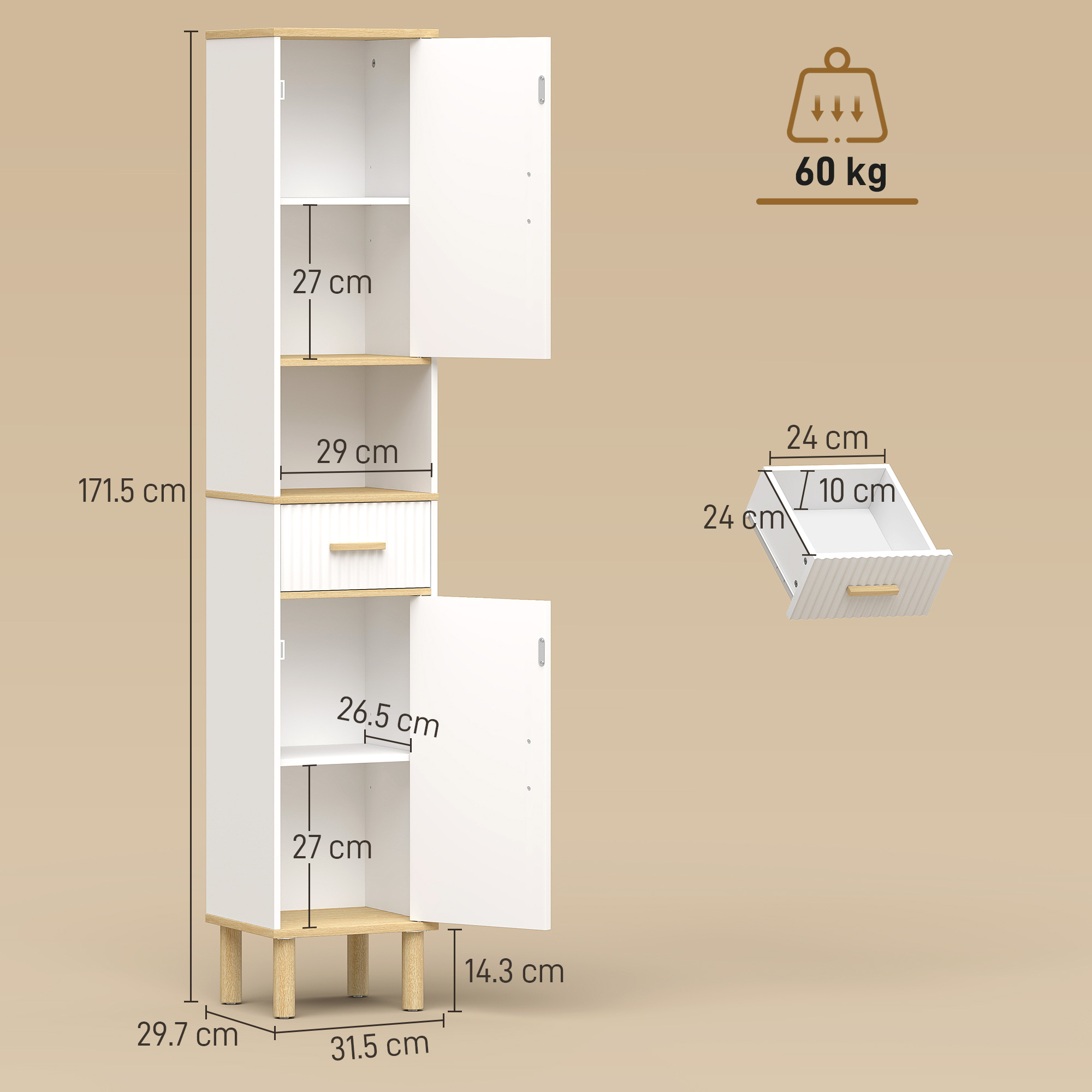 Un armadio bianco con accenti in legno, che mostra dimensioni e peso.