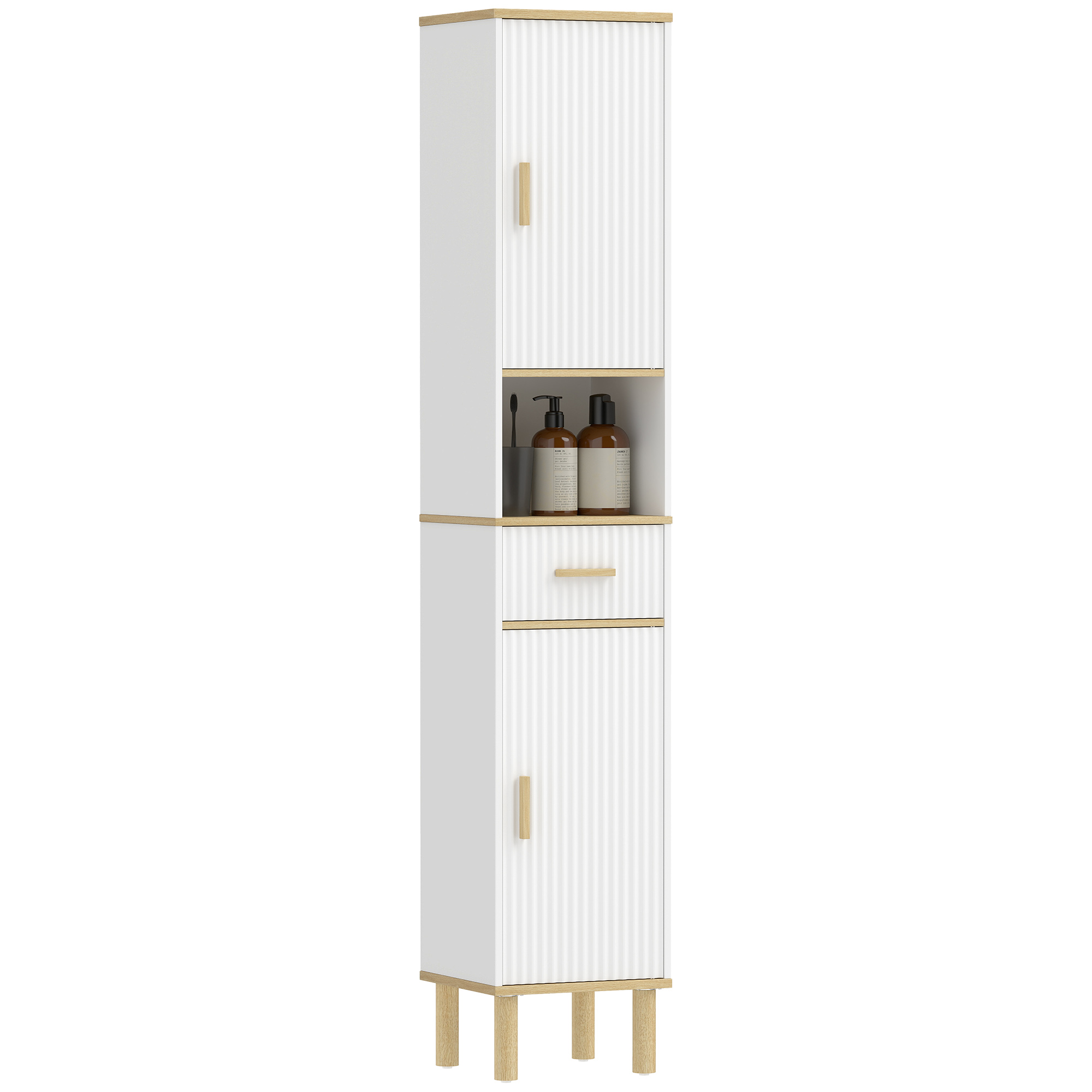 Un mobile alto e stretto bianco con maniglie e gambe in legno.