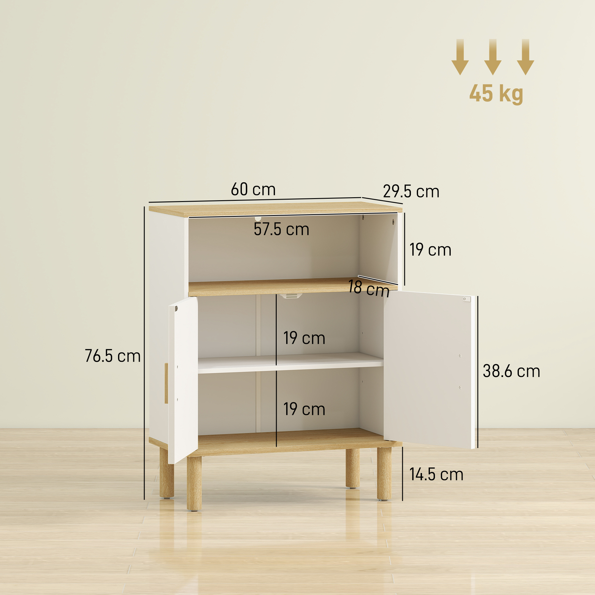 Un mobile bianco con accenti in legno, mostra dimensioni e carico max 45 kg.