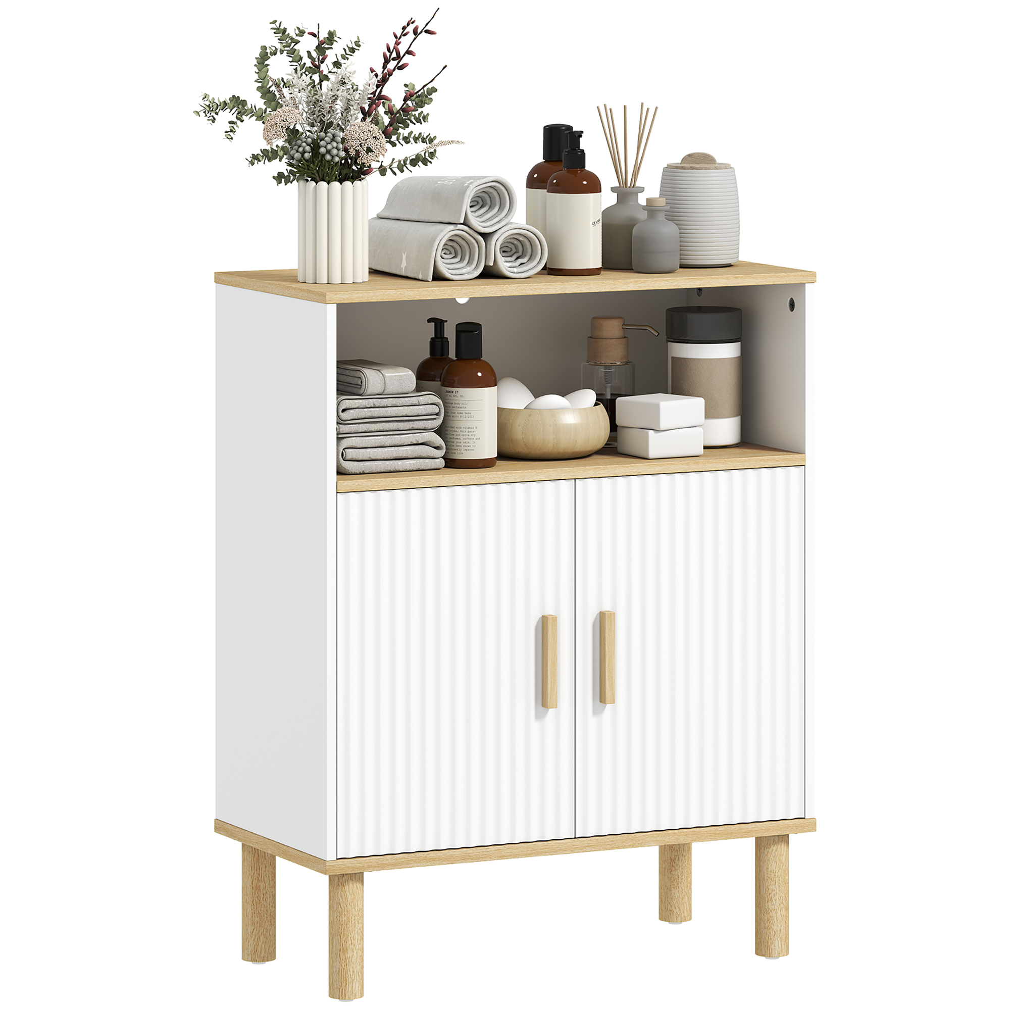 Un mobiletto da bagno bianco con accenti in legno, riempito con asciugamani e bottiglie.