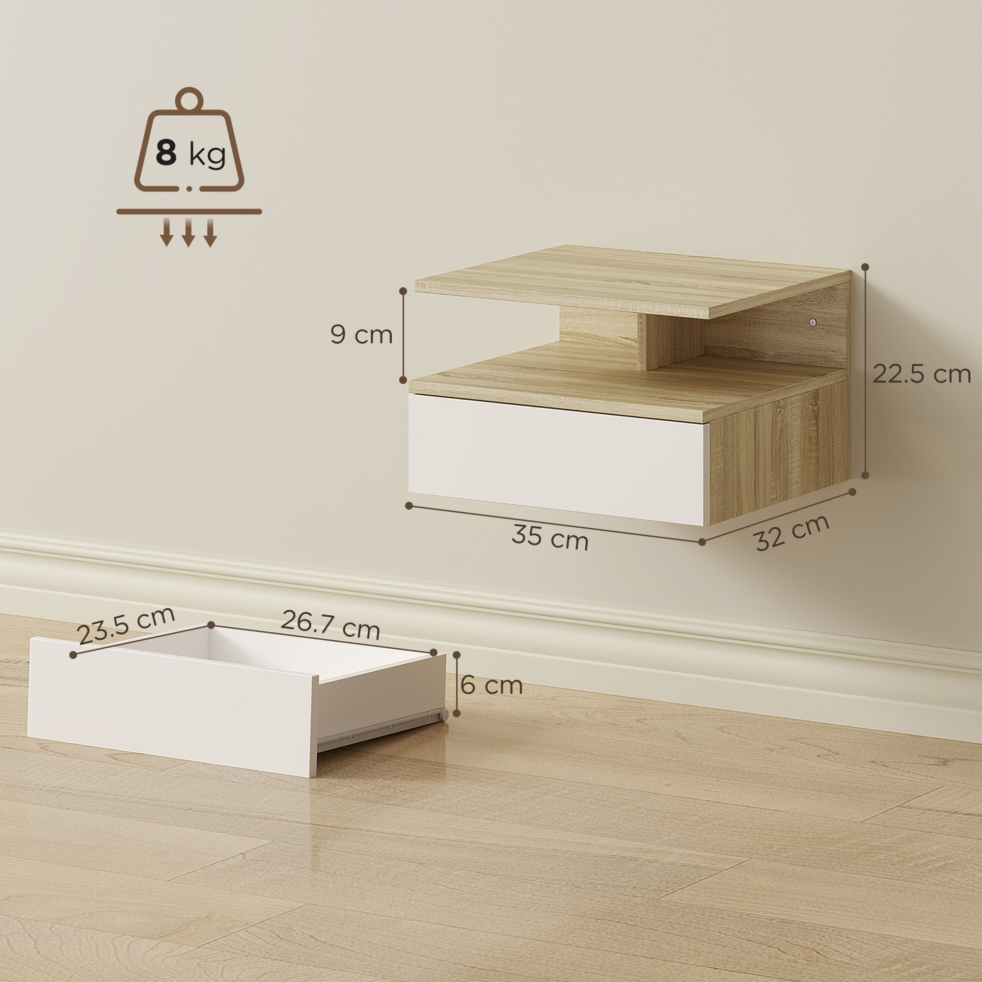 Mensola sospesa con cassetto: Misure 35x32x22,5 cm, portata 8 kg.