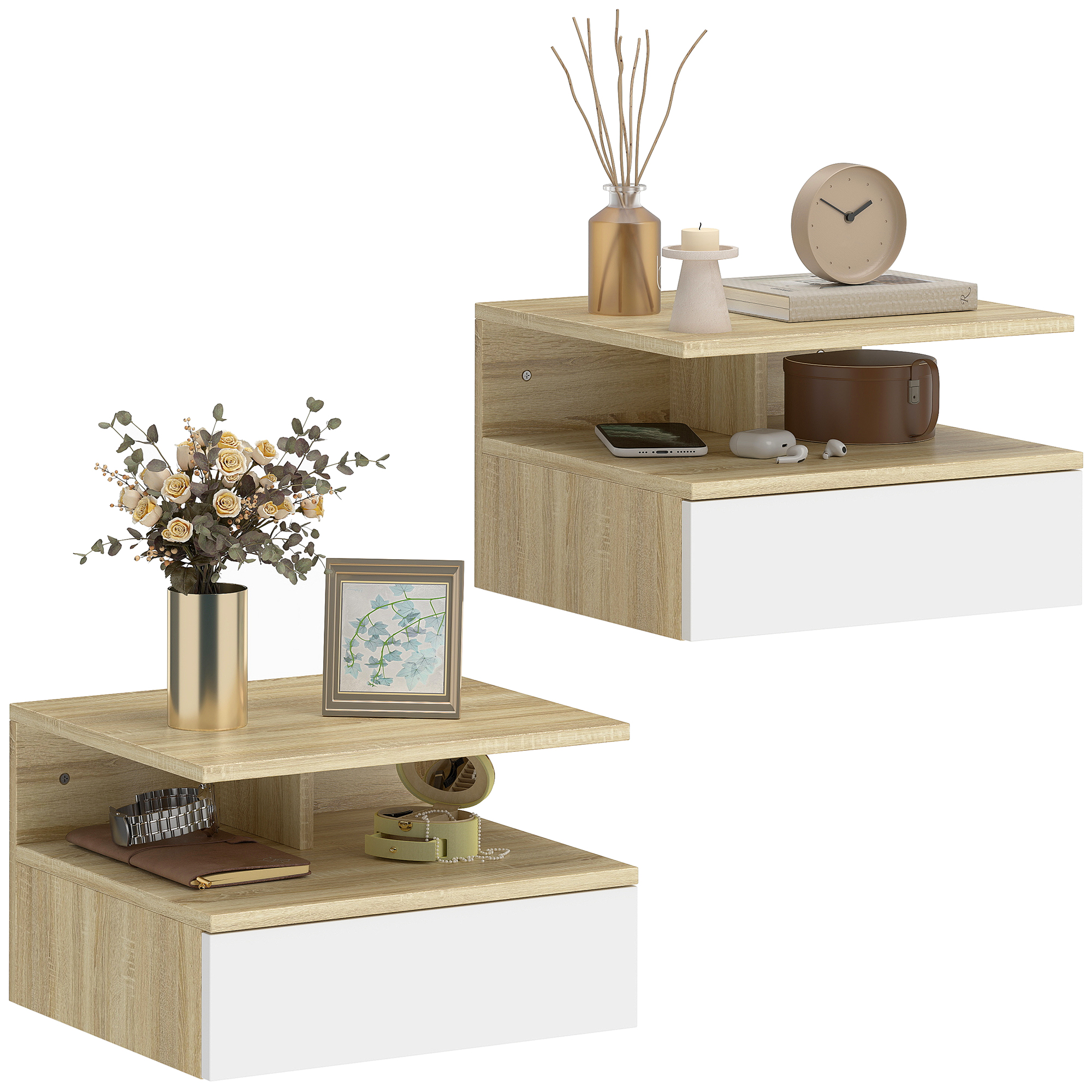 Due mensole da parete in legno con cassetti bianchi, decorate con fiori, orologio e candela.