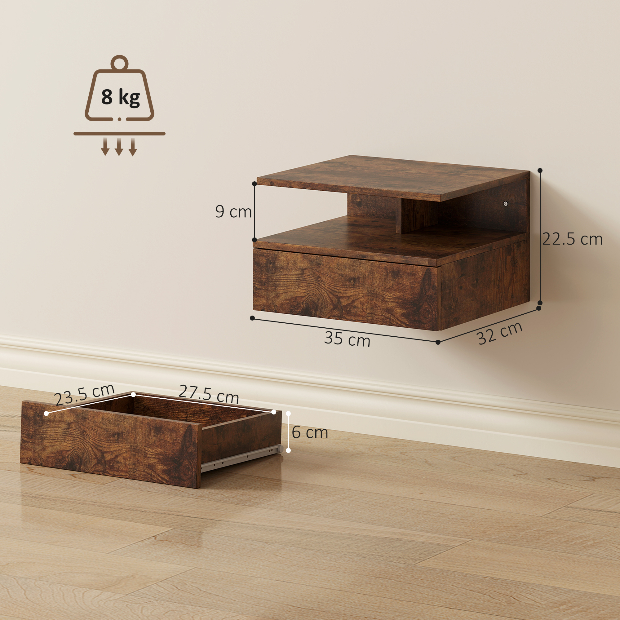 Un cassetto marrone scuro da parete con dimensioni: 35x22,5x32 cm. Un cassetto separato è accanto.