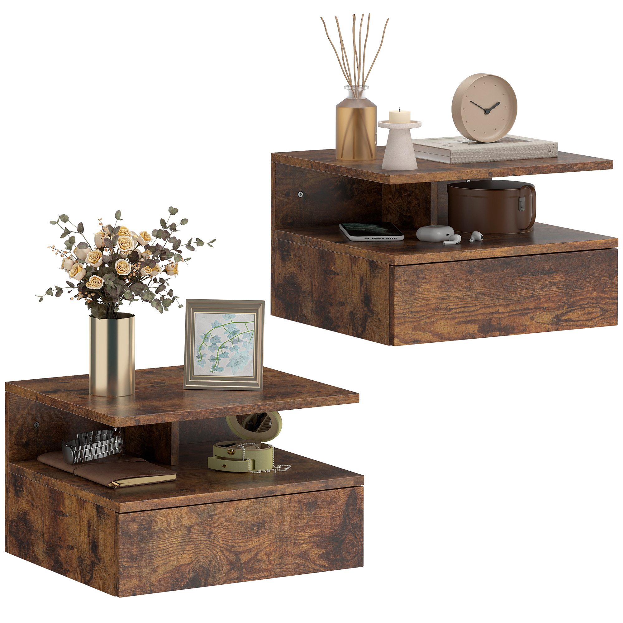 Due comodini in legno con cassetti, decorati con fiori, quadri e orologi.