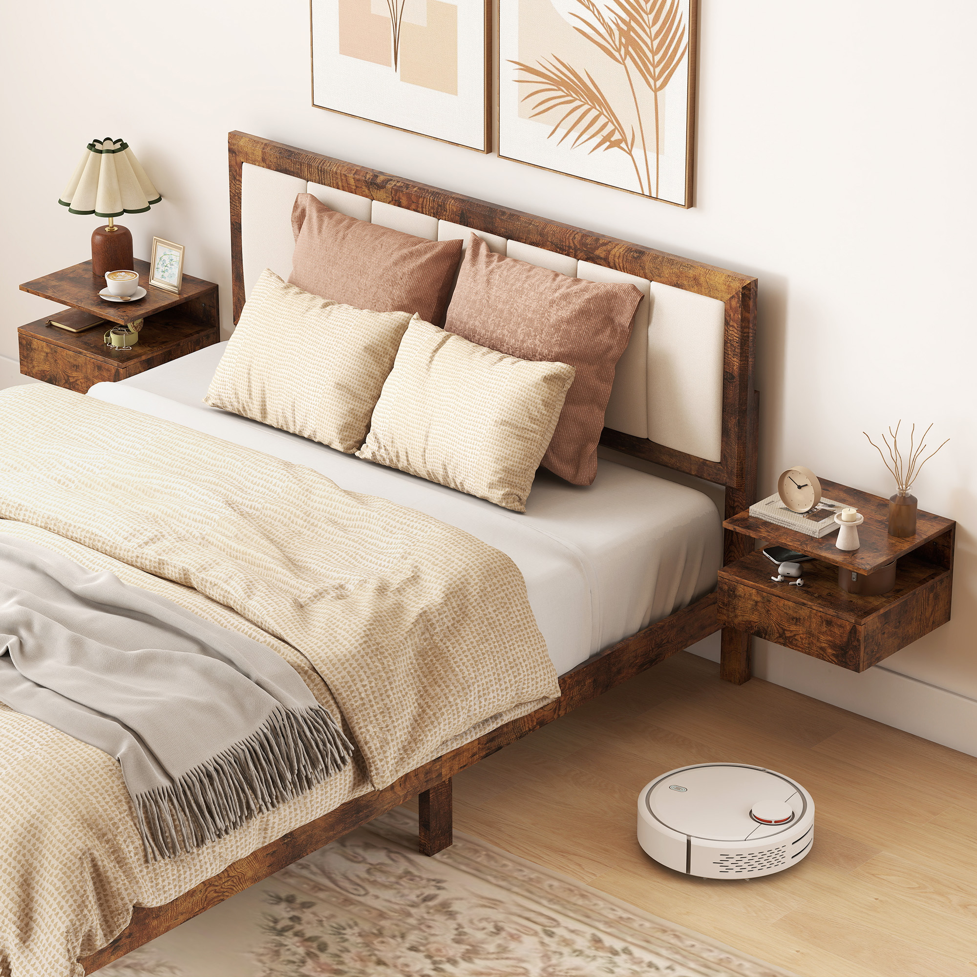 Una camera da letto con letto matrimoniale, comodini, lampada, arte e un robot aspirapolvere.