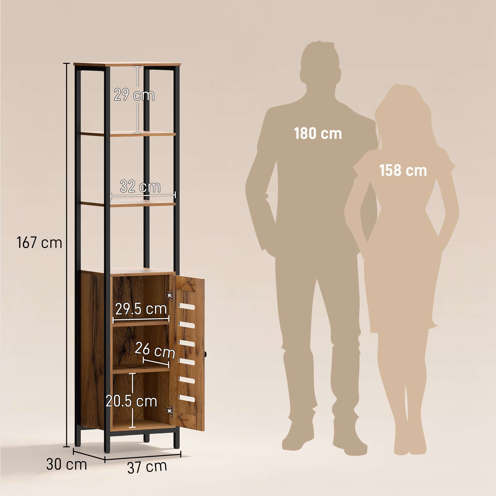 Scaffale in legno con telaio in metallo nero, dimensioni e sagome uomo/donna.