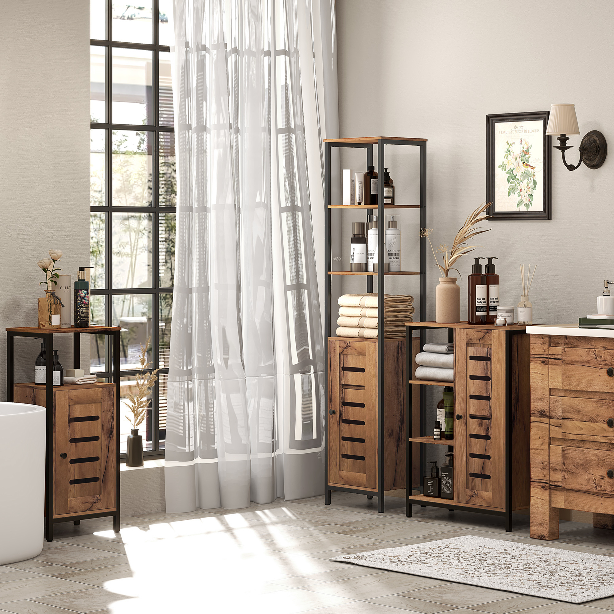 Bagno con mobili in legno, piante e una grande finestra.