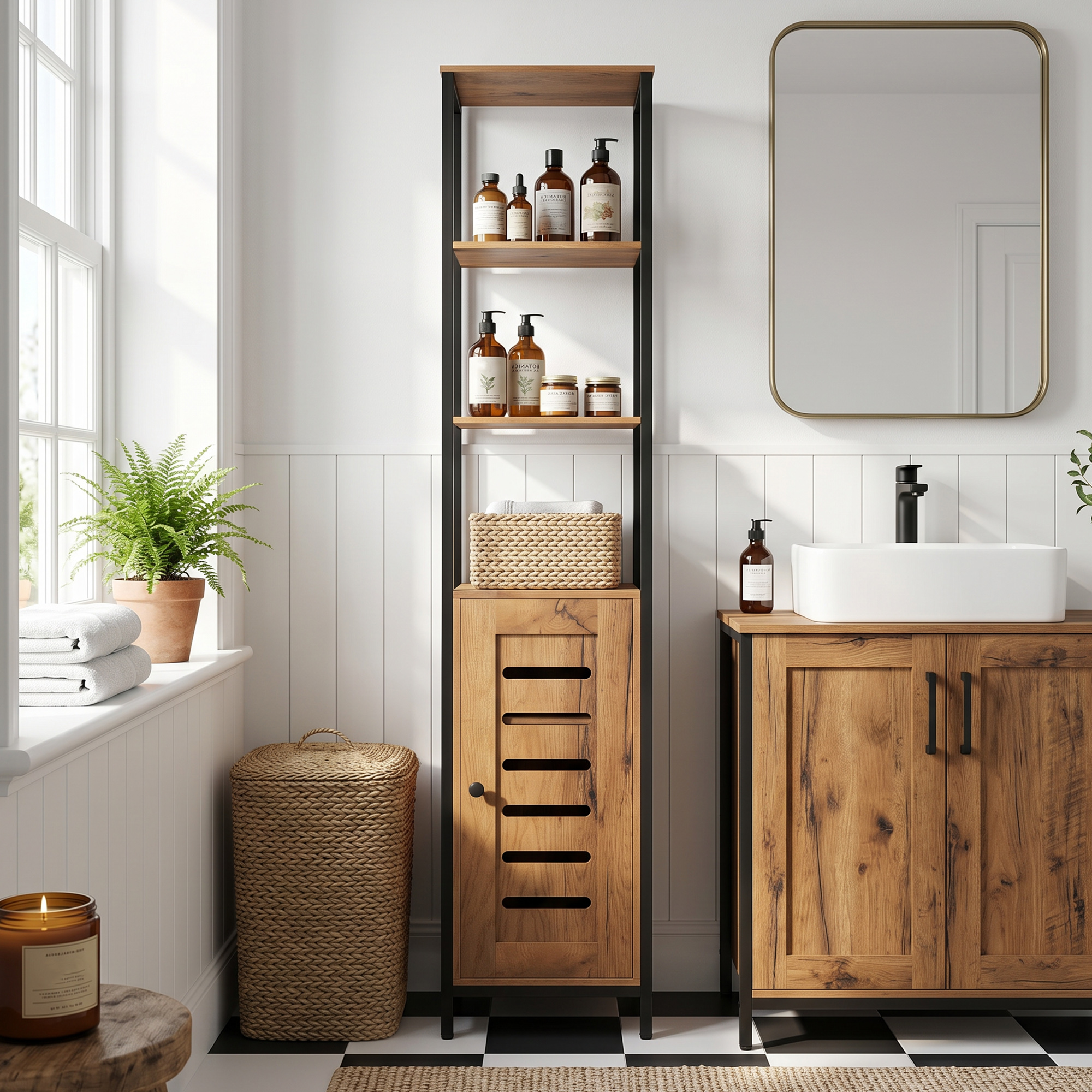 Un bagno con elementi in legno, lavandino, specchio e scaffale.