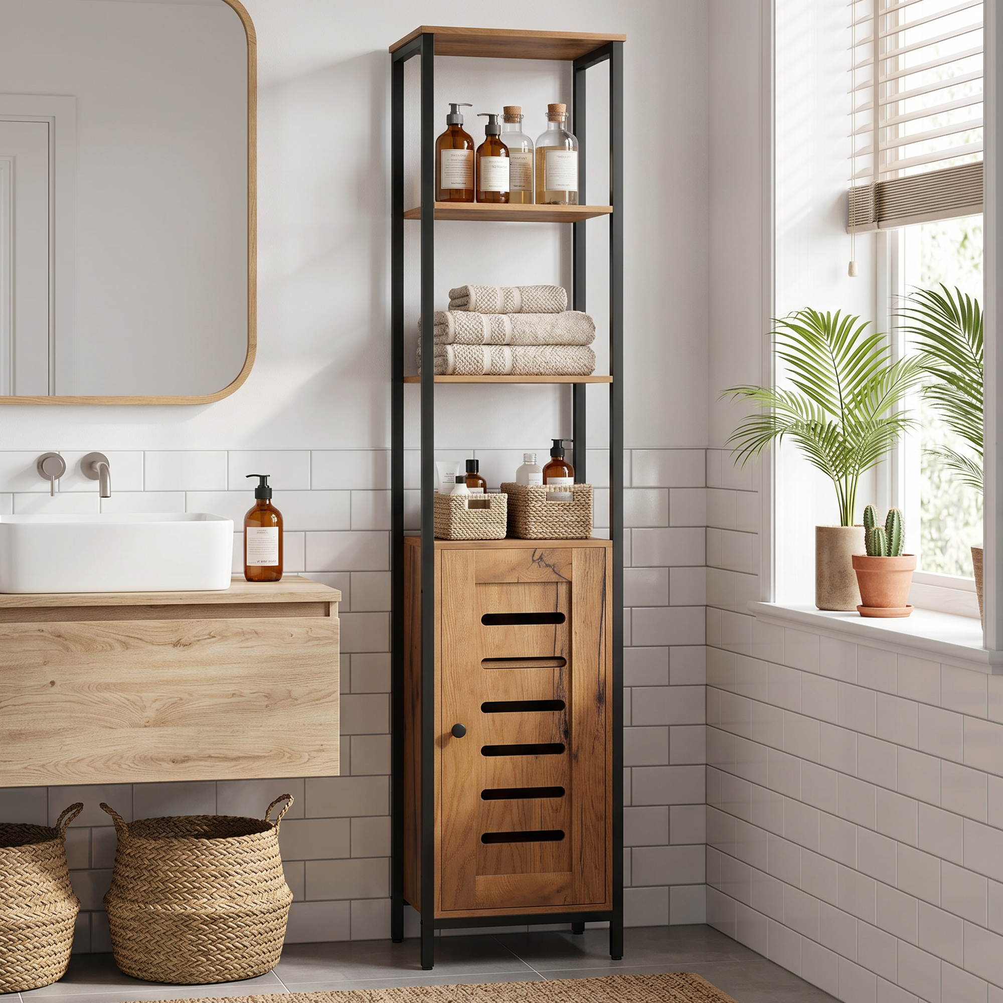 Scaffale in legno con saponi, asciugamani e cesti in un bagno.
