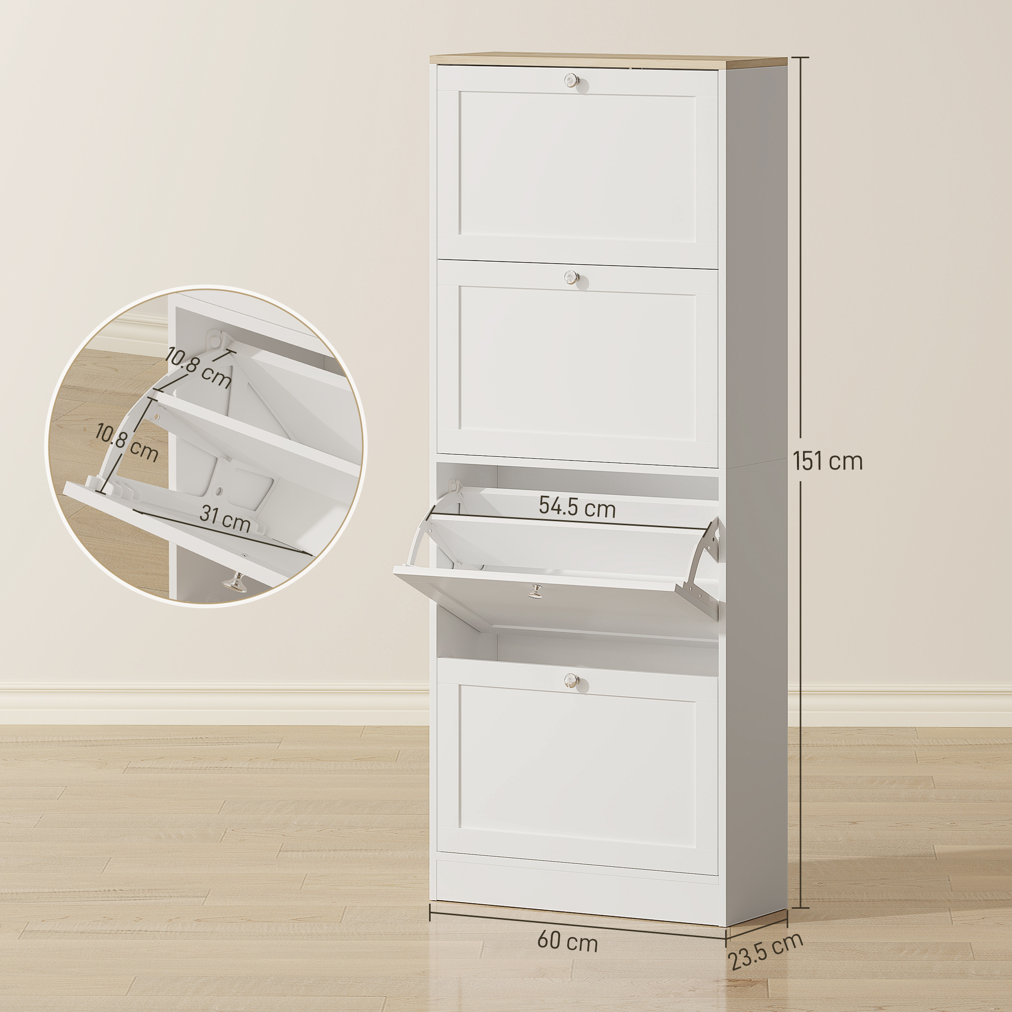 Mobiletto portascale bianco con piano in legno, tre ante a ribalta e misure.