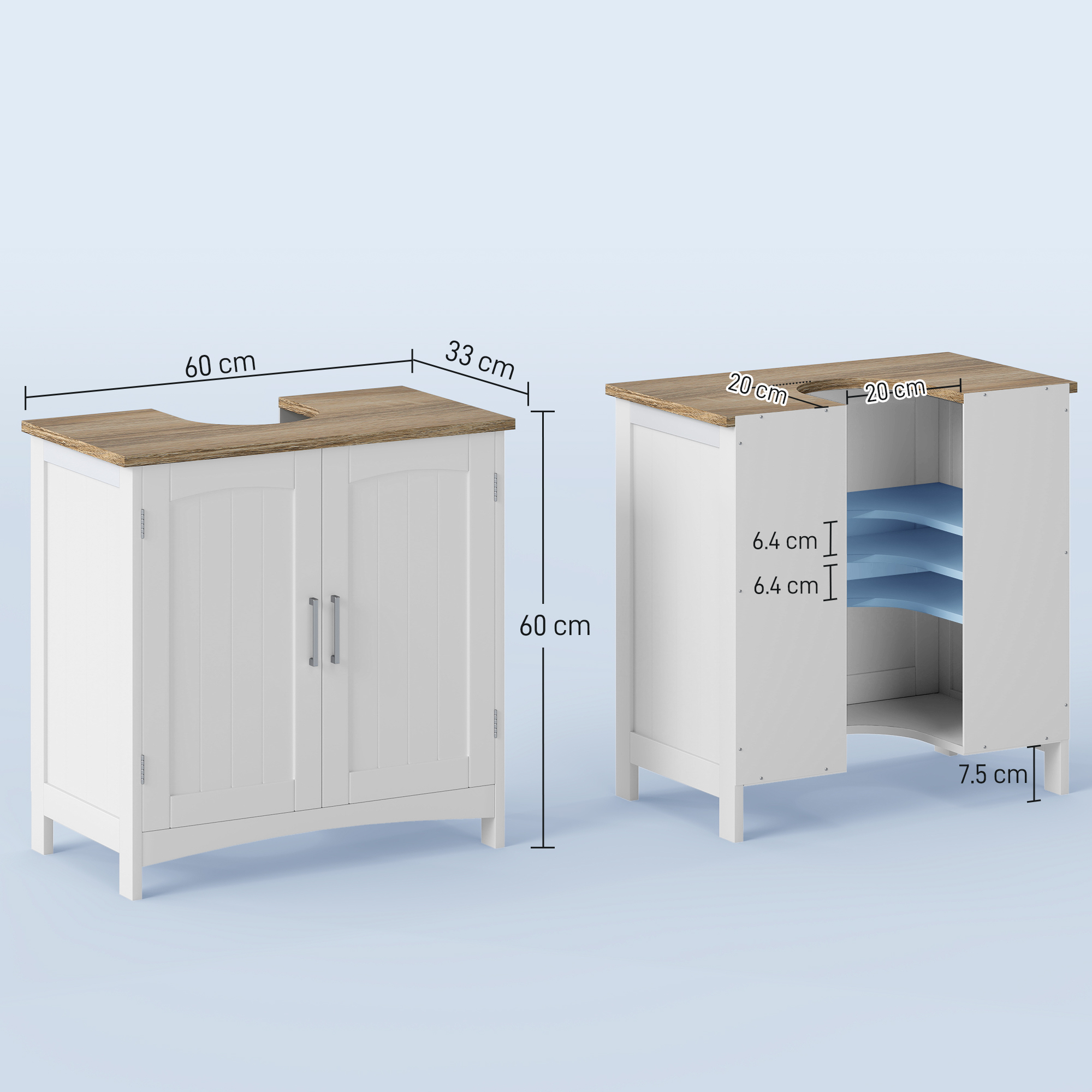 Un mobile bianco con piano in legno, dimensioni indicate.