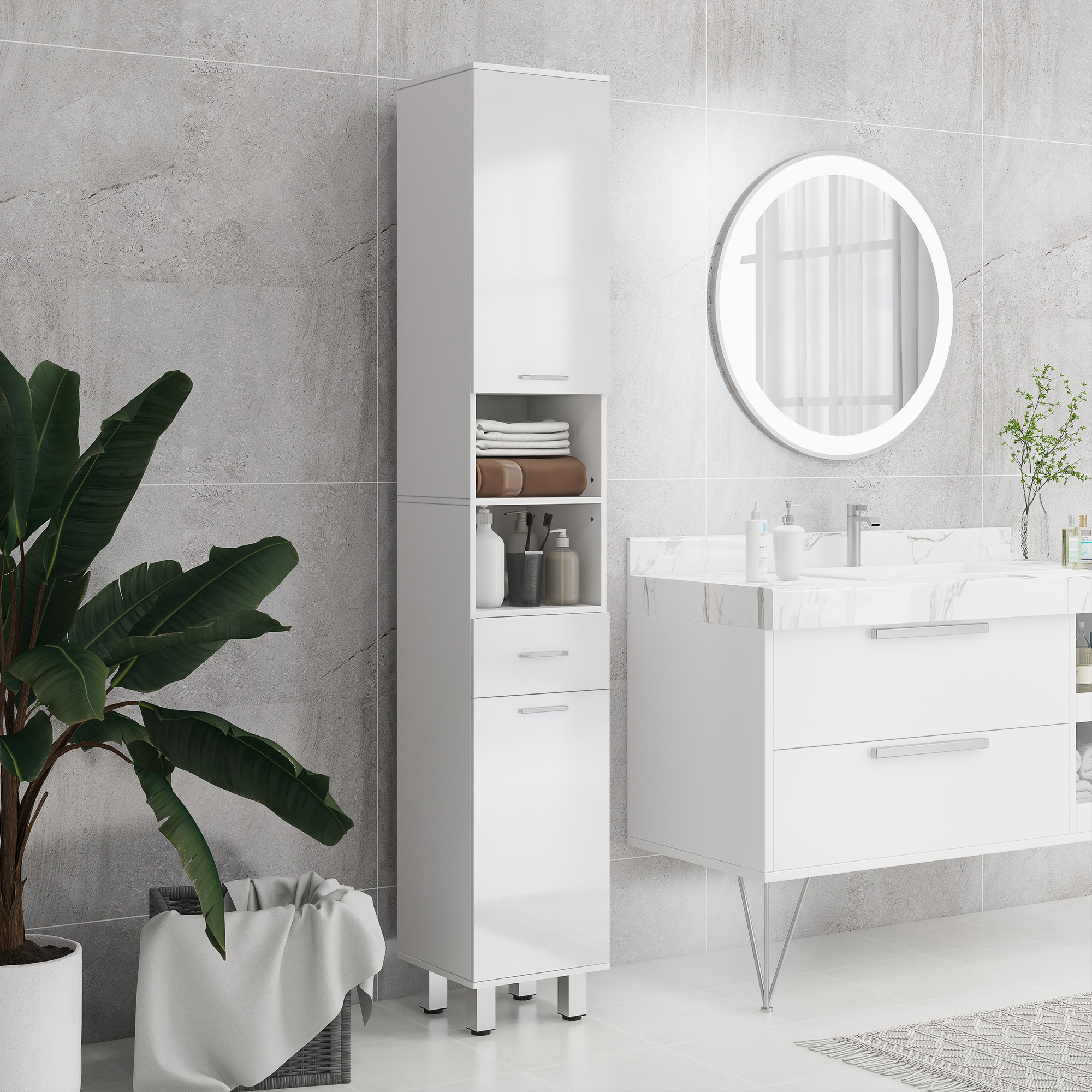 Bagno moderno con colonna alta bianca, lavandino e specchio.