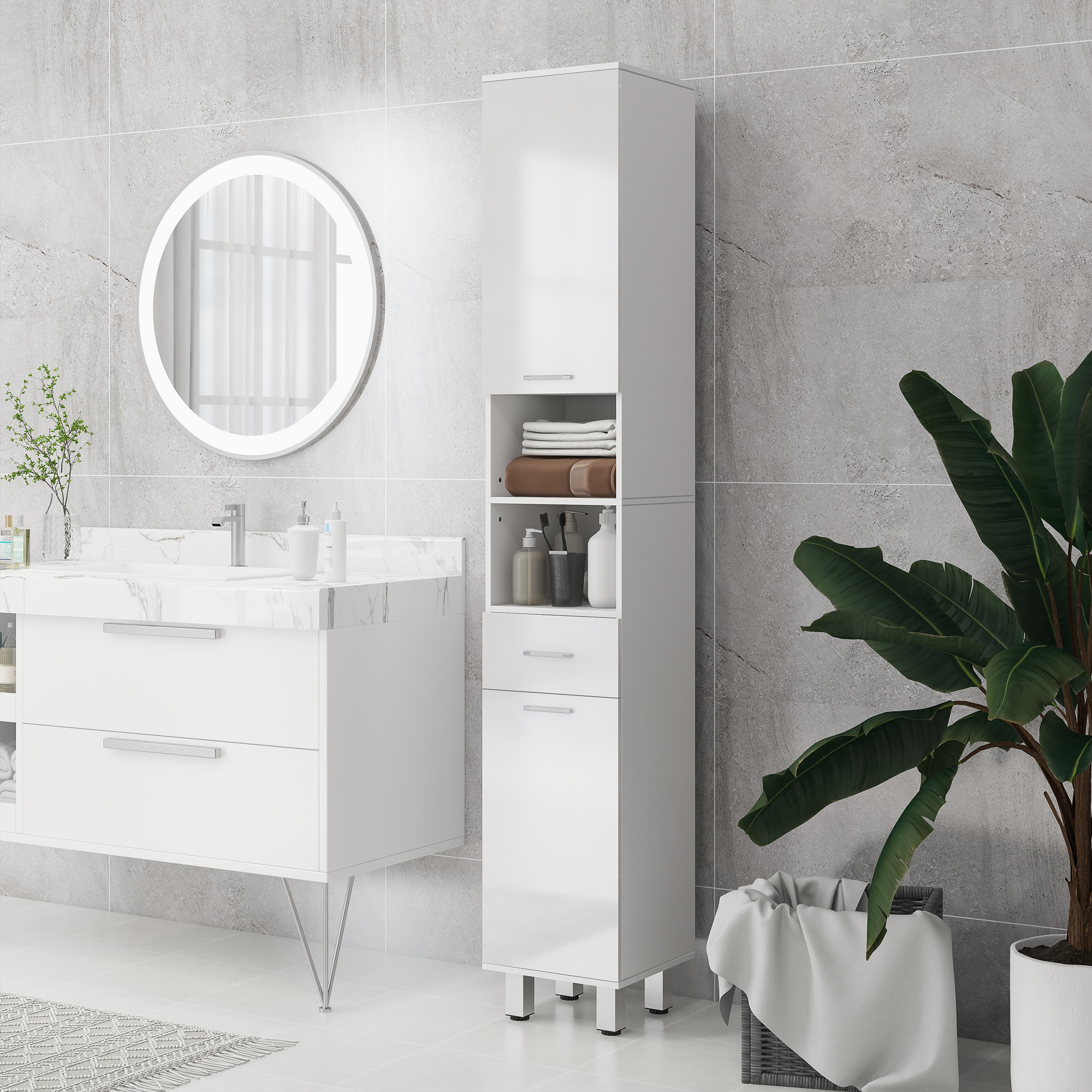 Un bagno moderno con mobiletto bianco, specchio illuminato e alto armadio bianco.