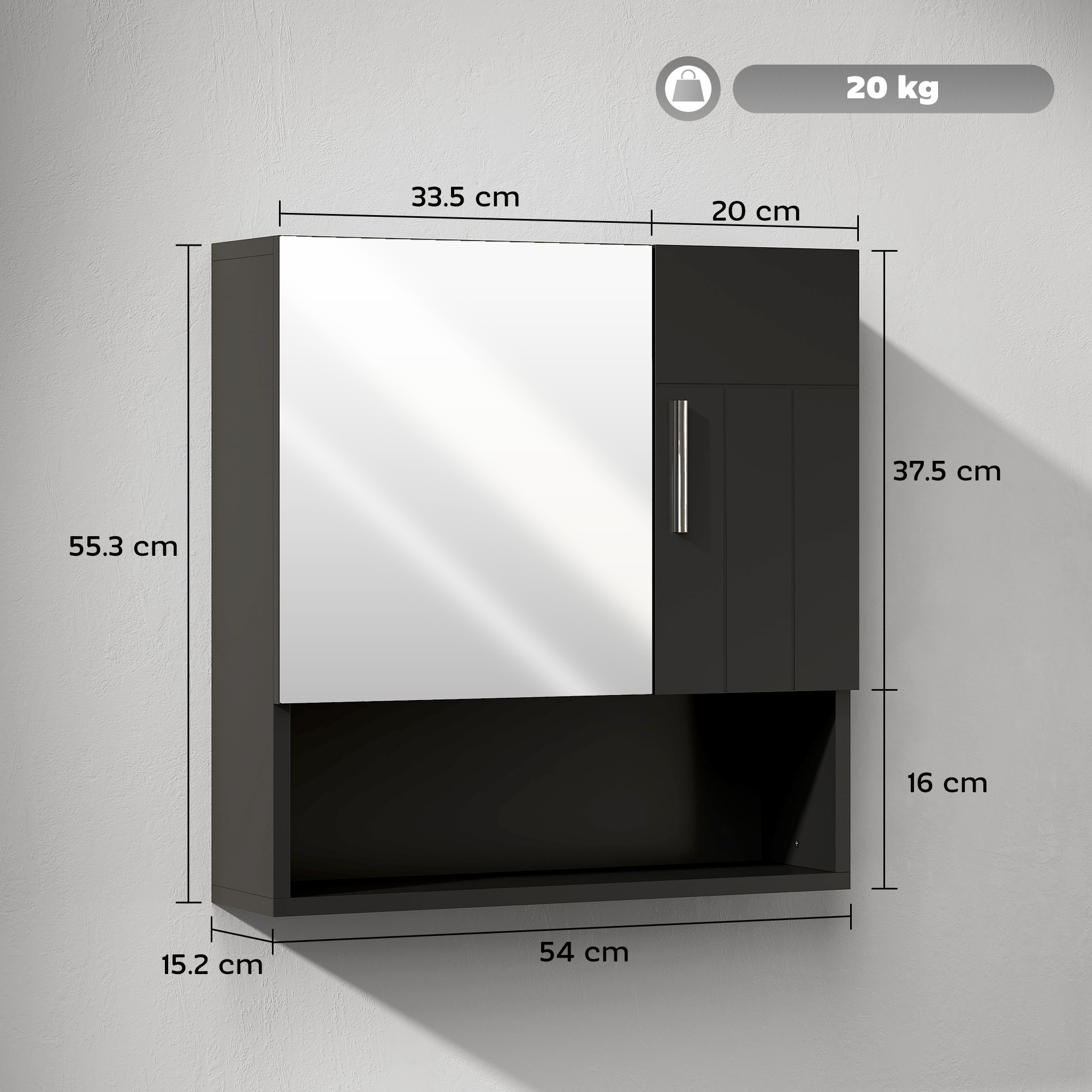 Una mensola da parete scura con specchio e scomparto, dimensioni indicate.