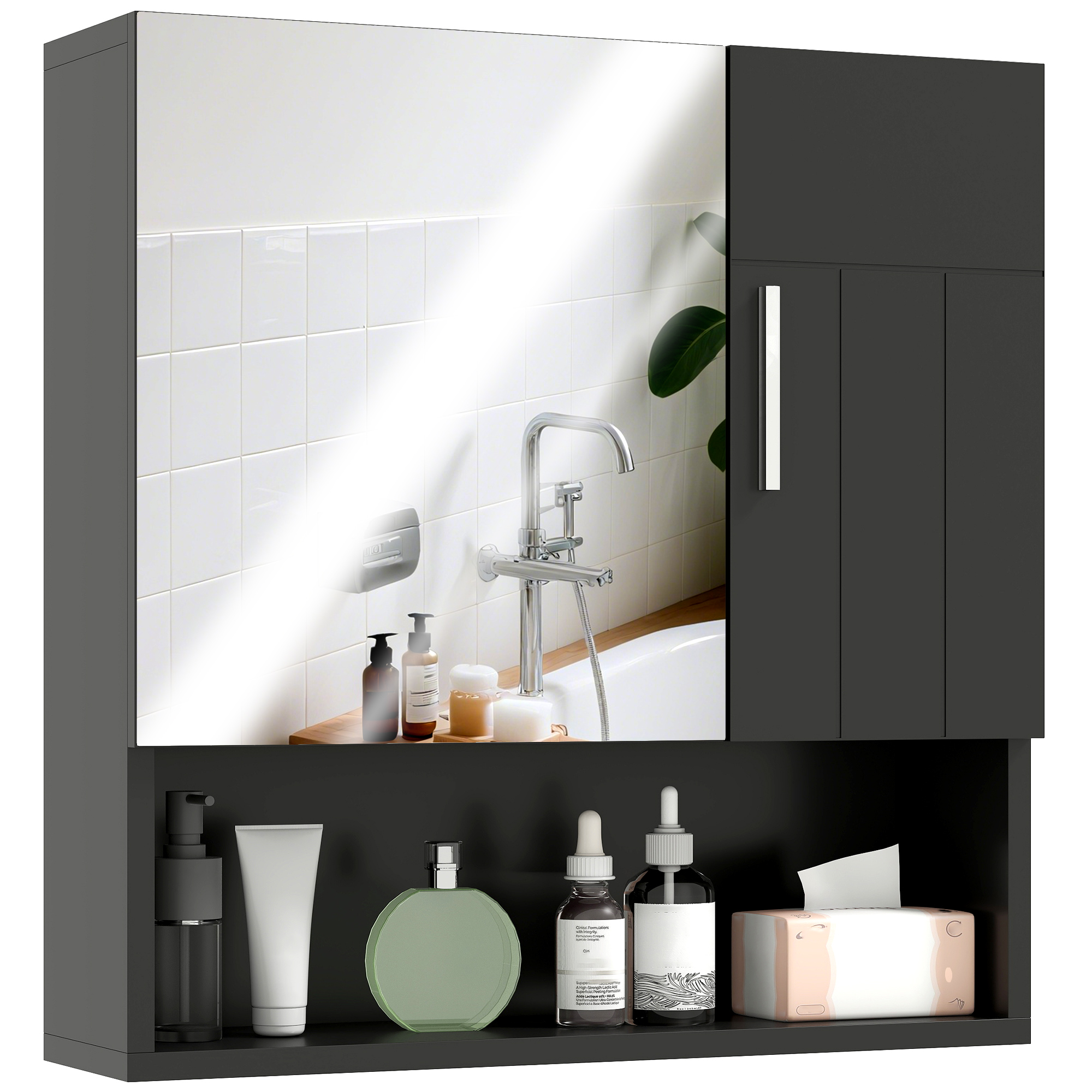 Un mobile da bagno scuro con specchio che mostra un lavandino e articoli da toeletta.