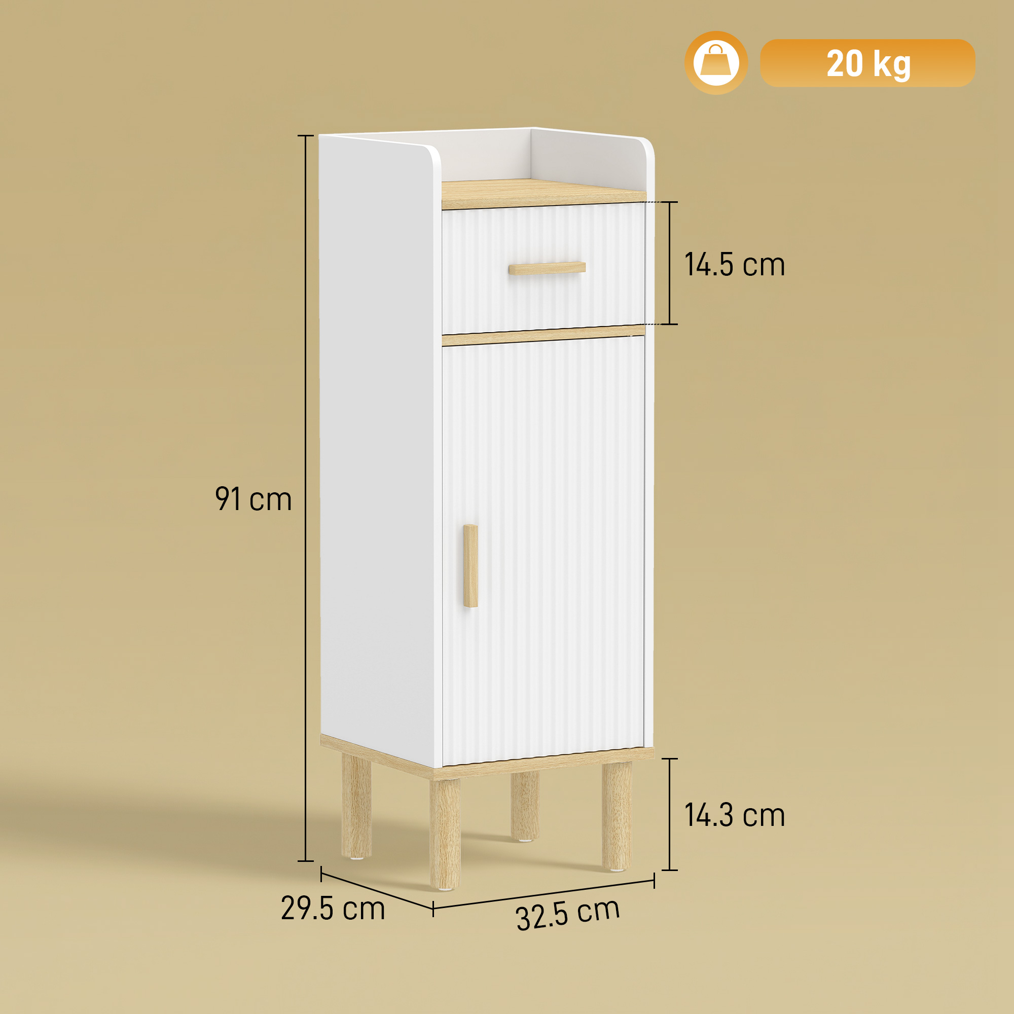 Un comodino bianco con accenti in legno, dimensioni 91x32,5x29,5 cm.