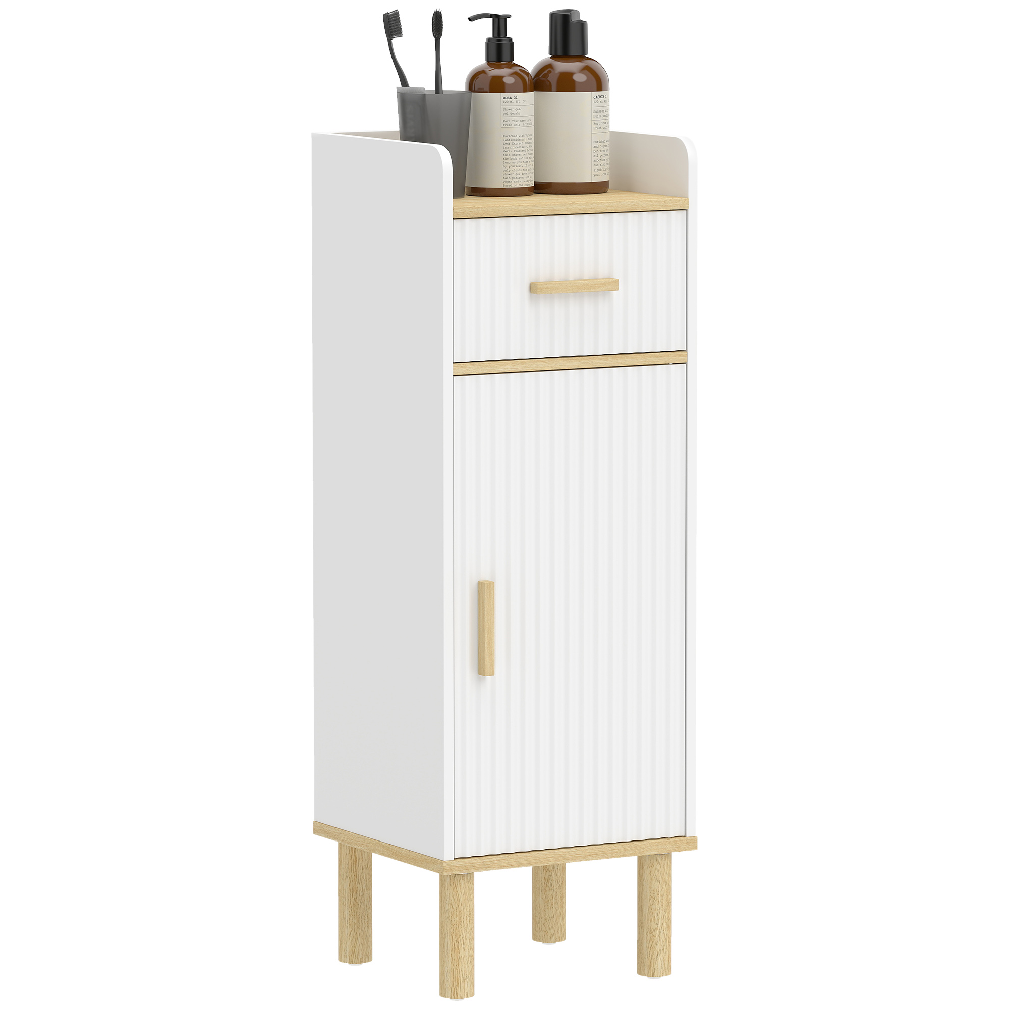 Un mobiletto da bagno bianco con accenti in legno, due cassetti, una porta e quattro gambe.