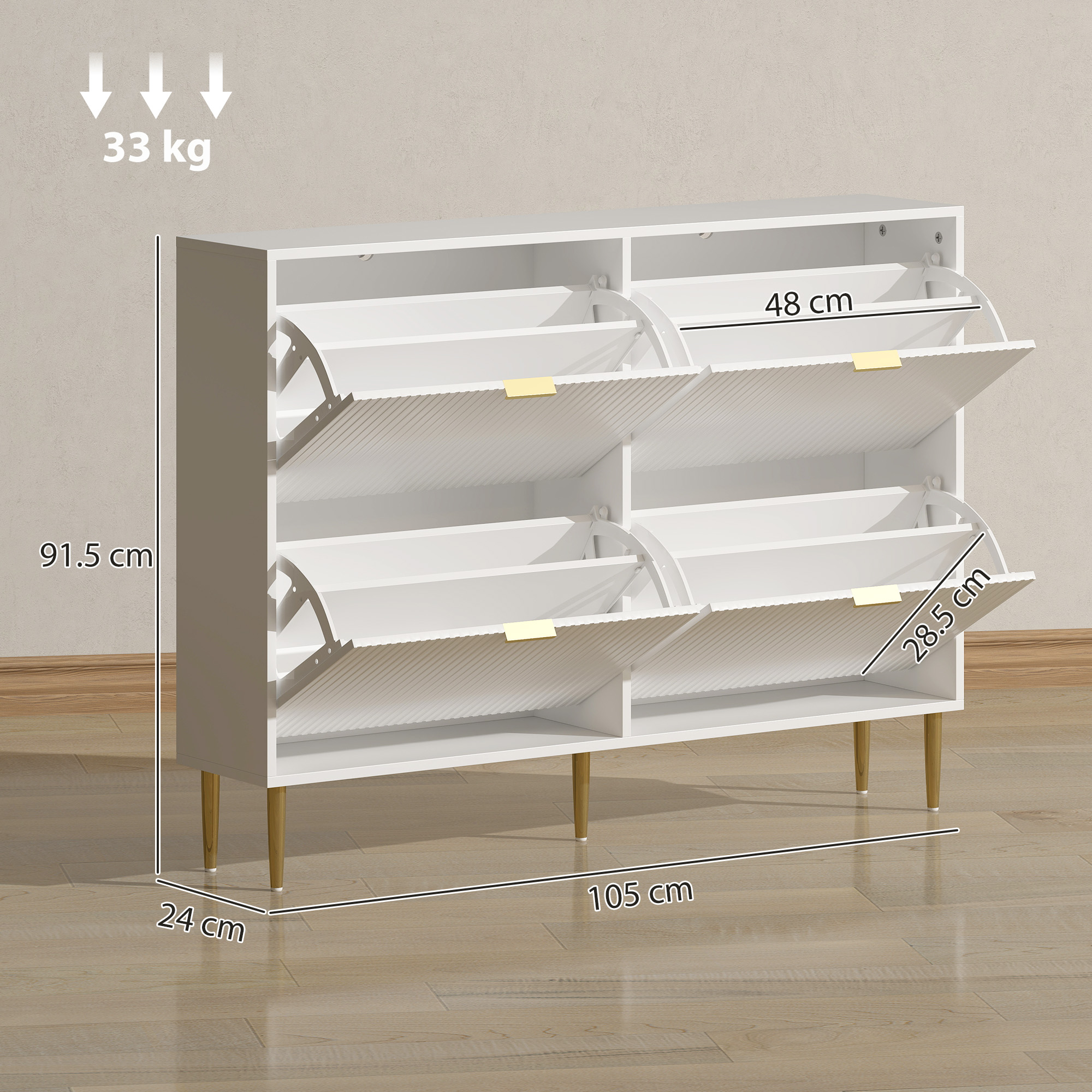 Mobiletto portascale bianco con ante a ribalta. Misure 105x24x91,5 cm.