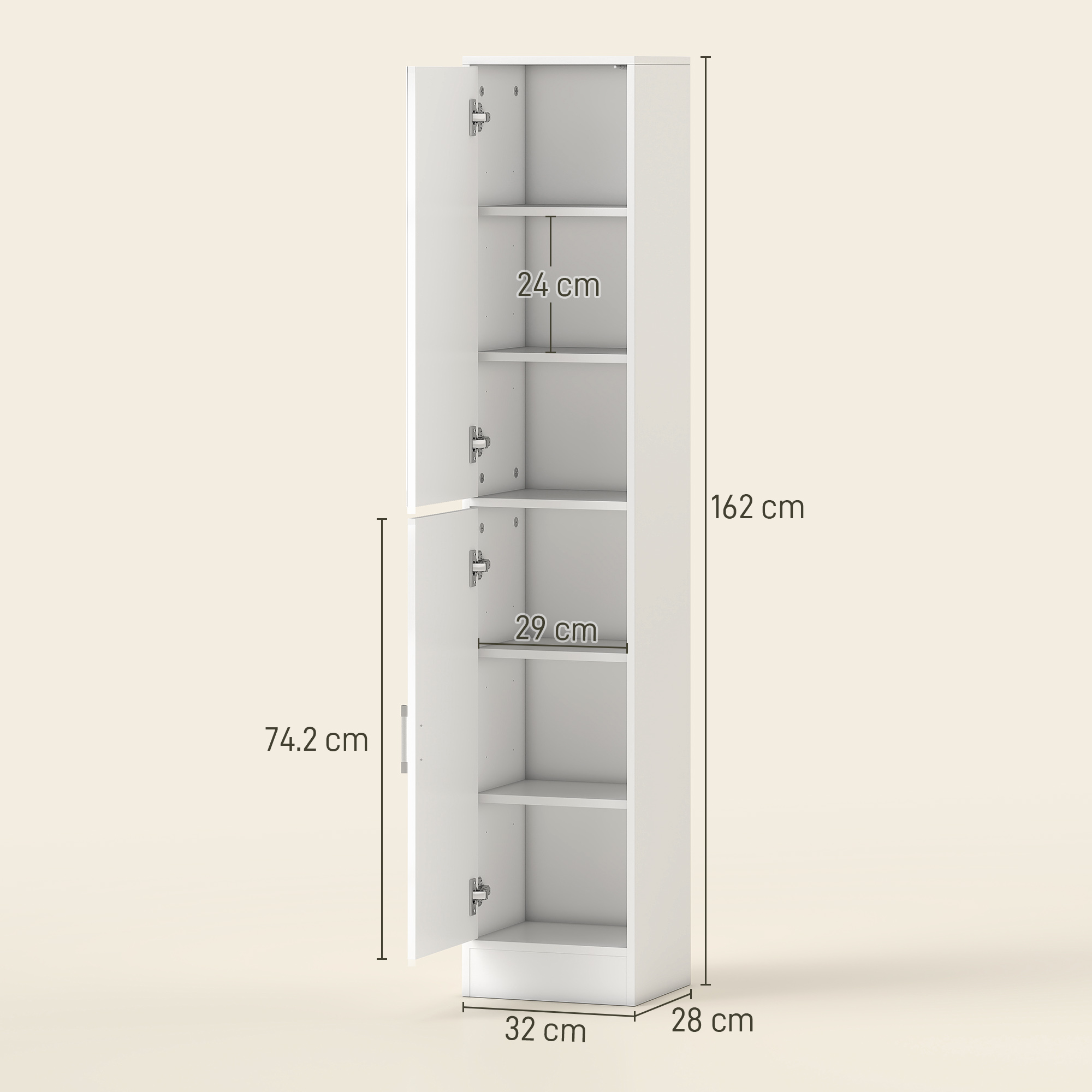 Un armadio bianco, alto e stretto con ante aperte, mostra scaffali. Dimensioni indicate.