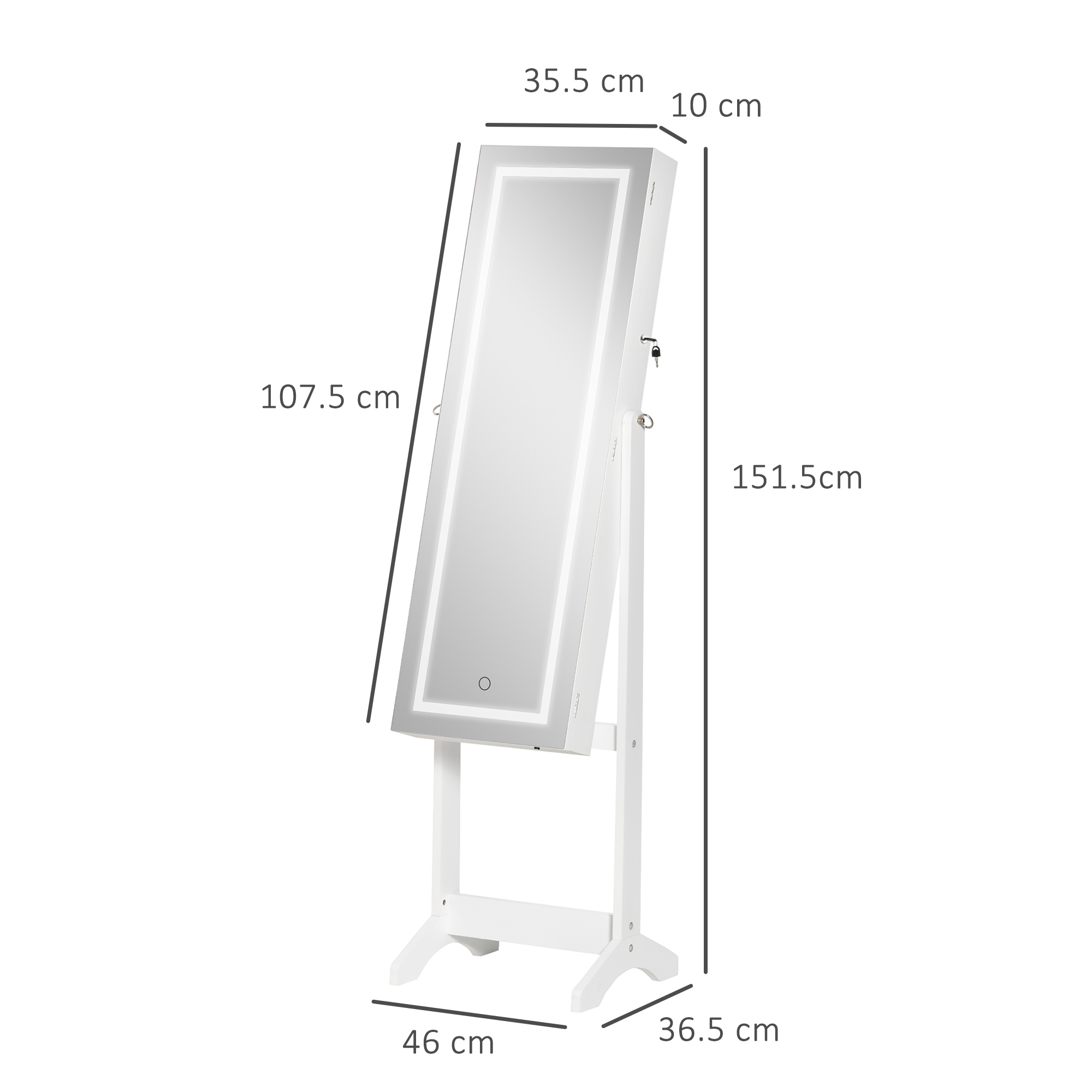 Un mobile portagioie bianco con specchio e luci LED, dimensioni indicate.