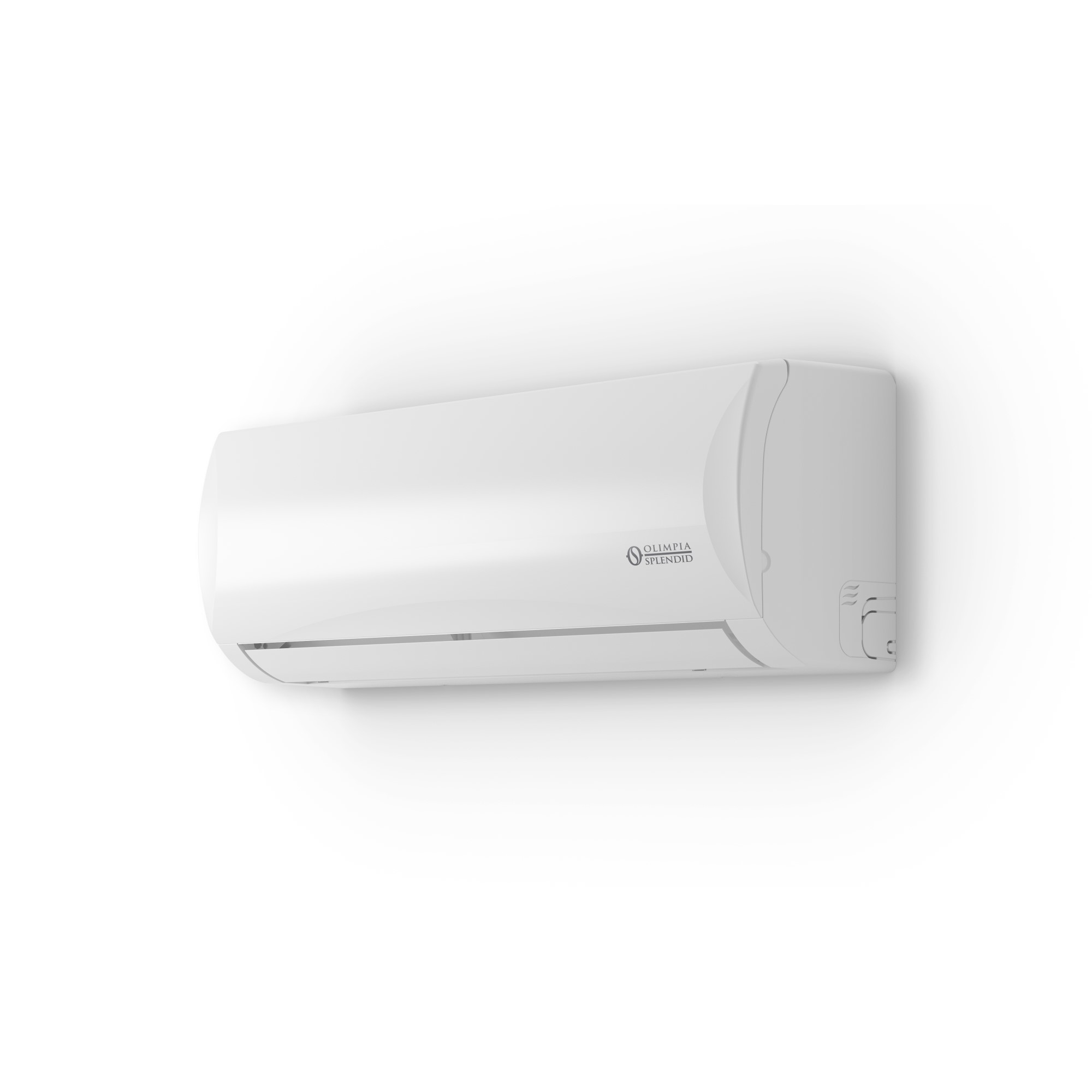 Un climatiseur blanc est monté sur un mur blanc. Le logo est visible.
