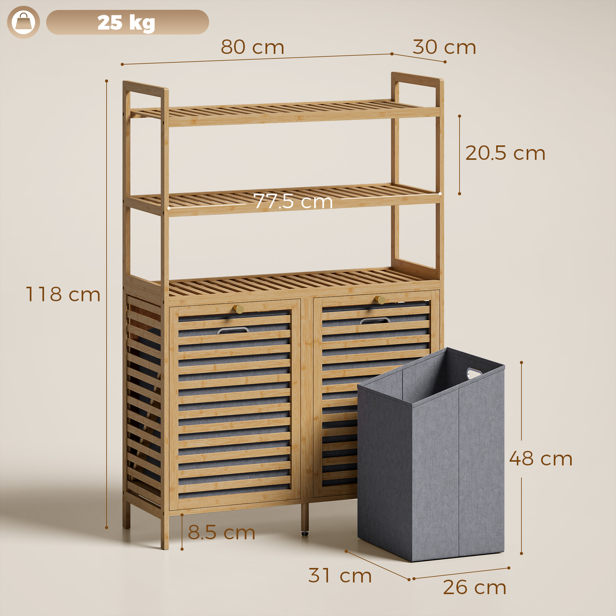 Un mobile in bambù alto 118 cm con tre ripiani e due cassetti.