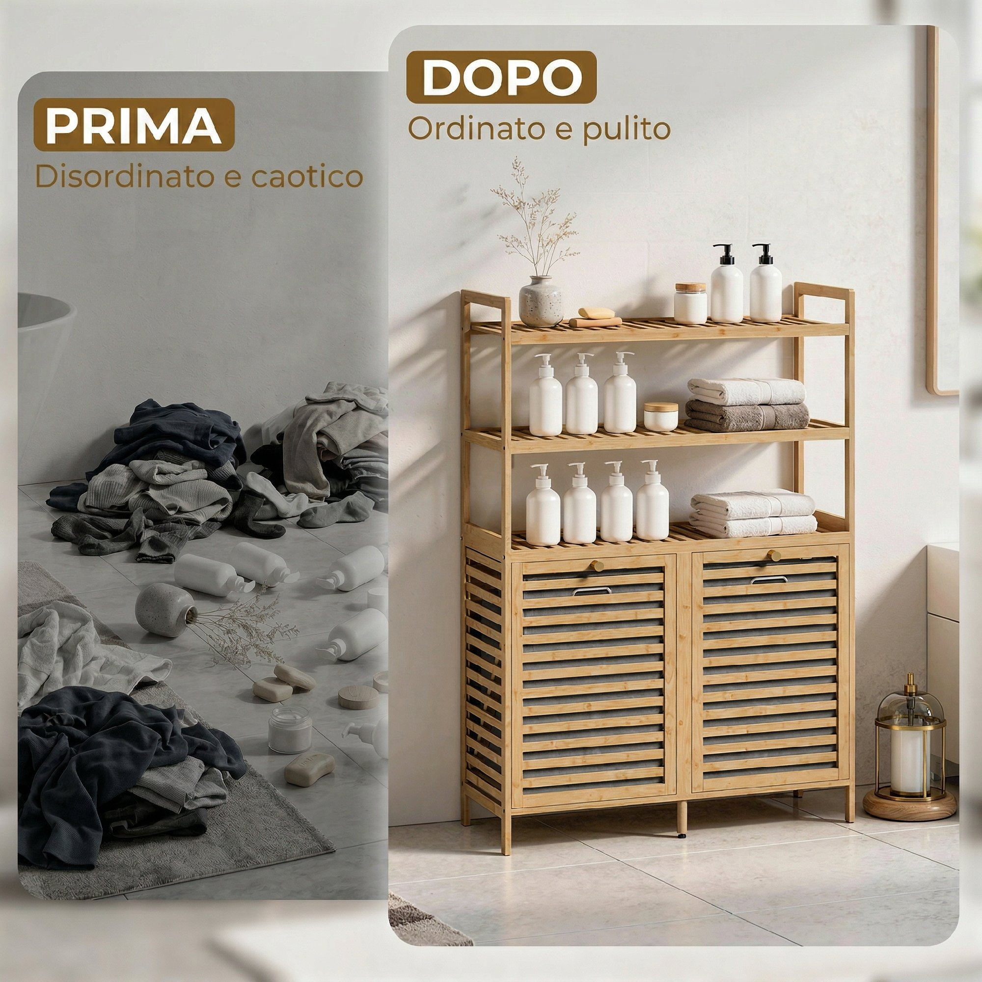 Prima disordinato, dopo mobiletto bagno in bambù ordinato con saponi e asciugamani.