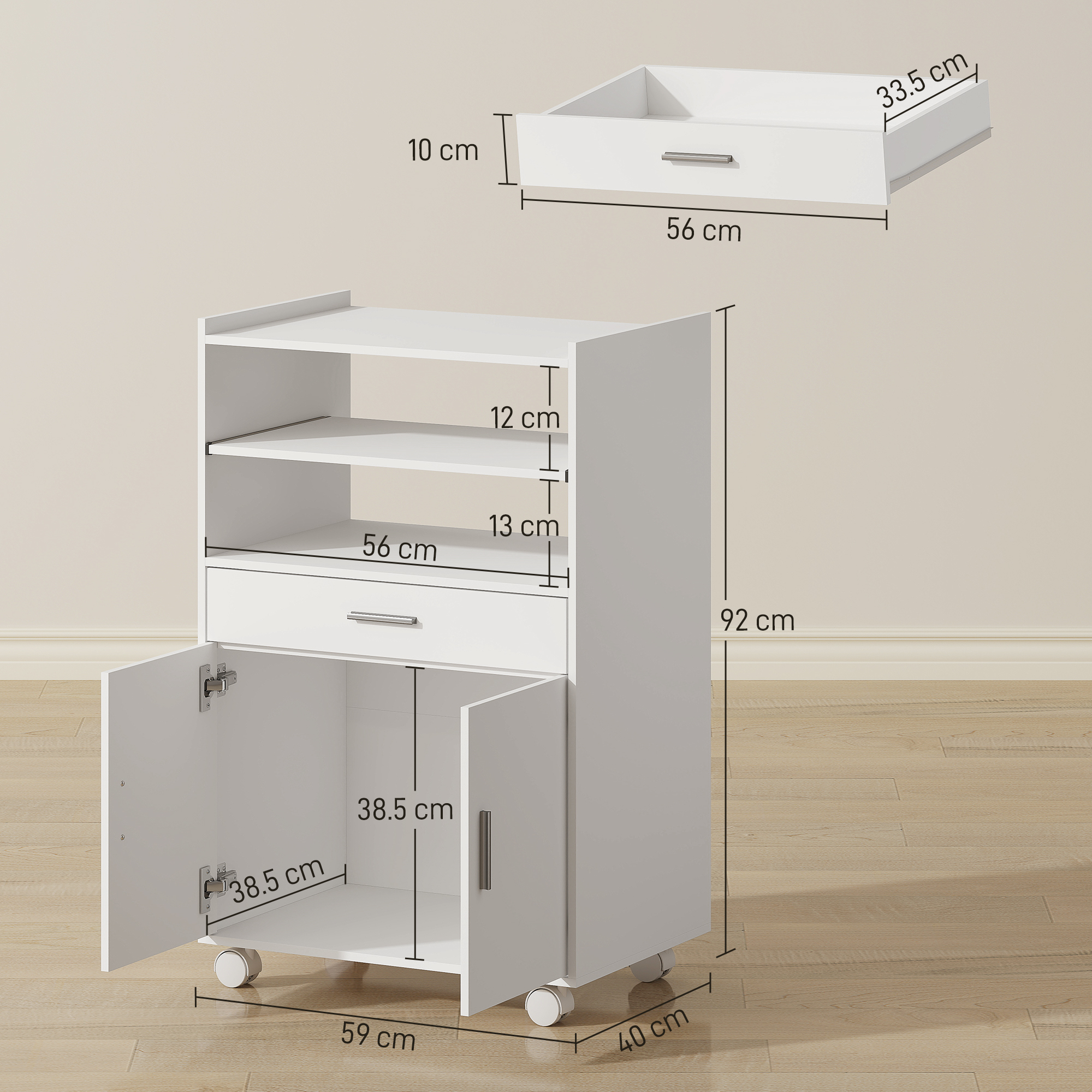 Carrello bianco su ruote con cassetto, ante aperte e ripiani. Dimensioni indicate.