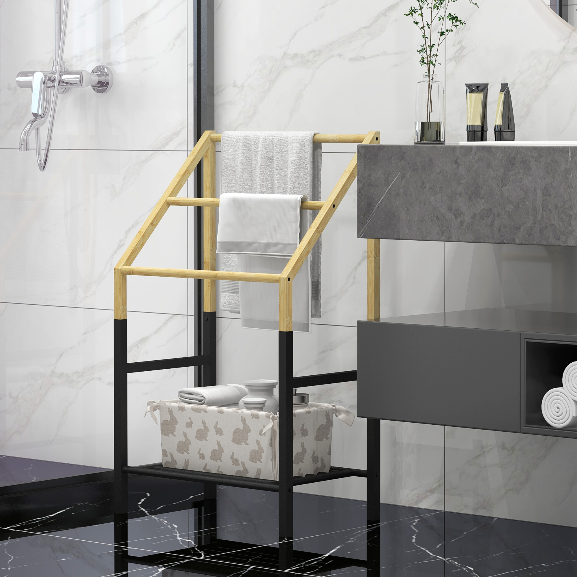 Bagno con doccia, porta asciugamani, lavandino e ripostiglio.