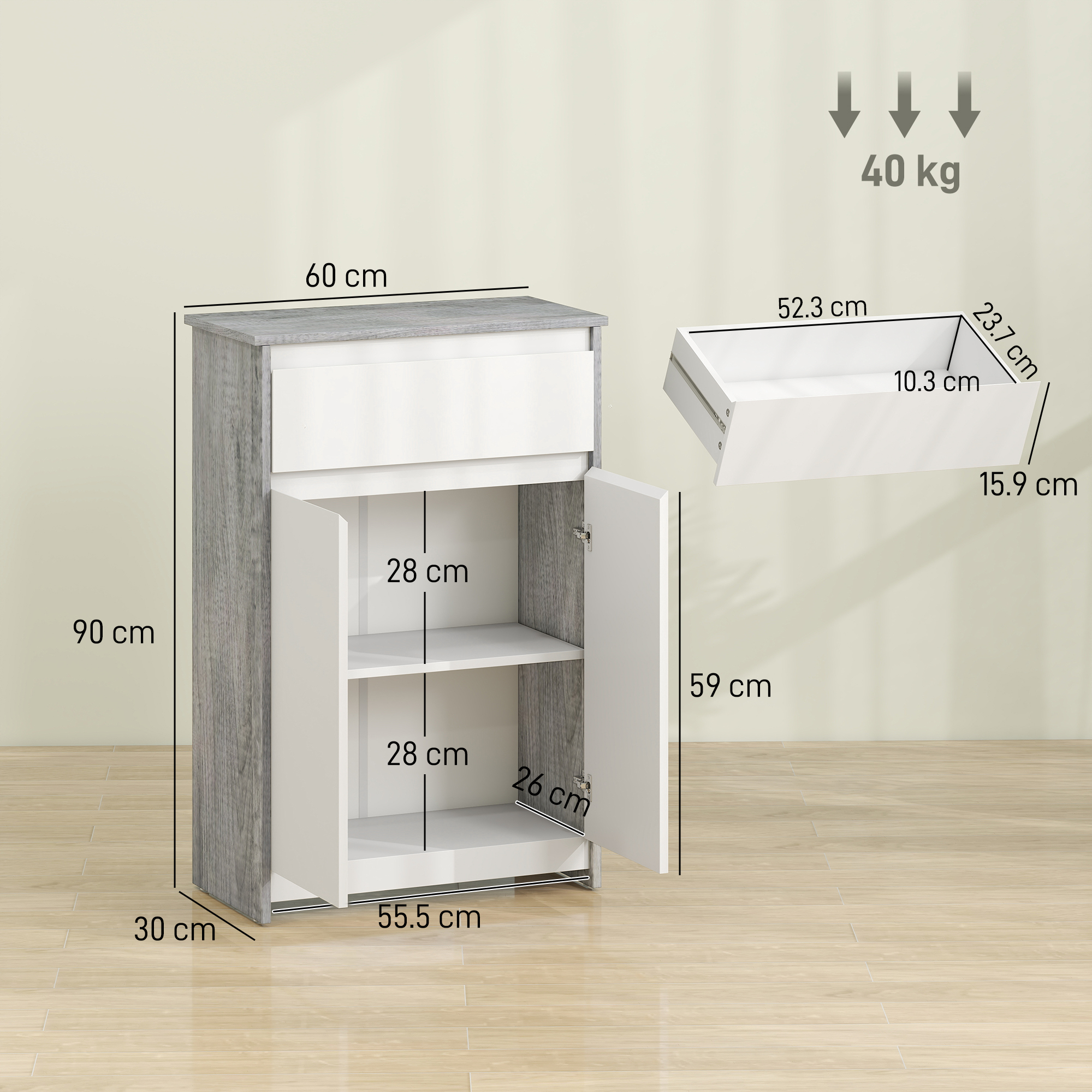 Mobile bianco e grigio con dimensioni indicate. Carico max. 40 kg.
