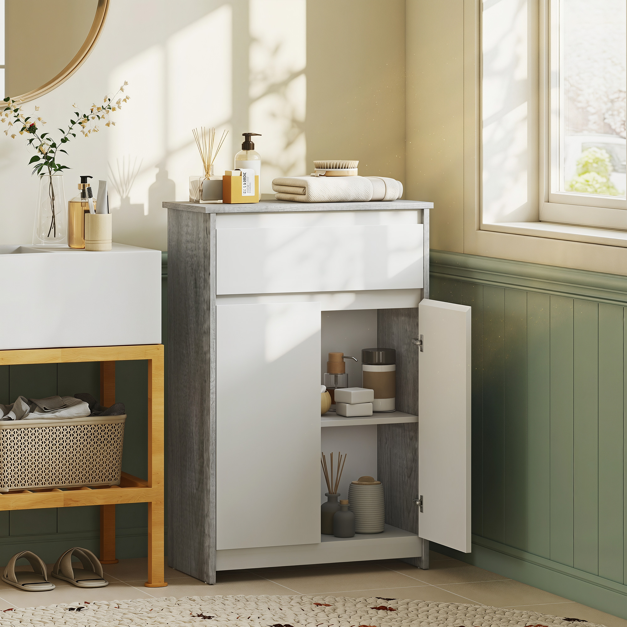 Mobiletto da bagno con ante aperte, riempito di sapone e lozioni.