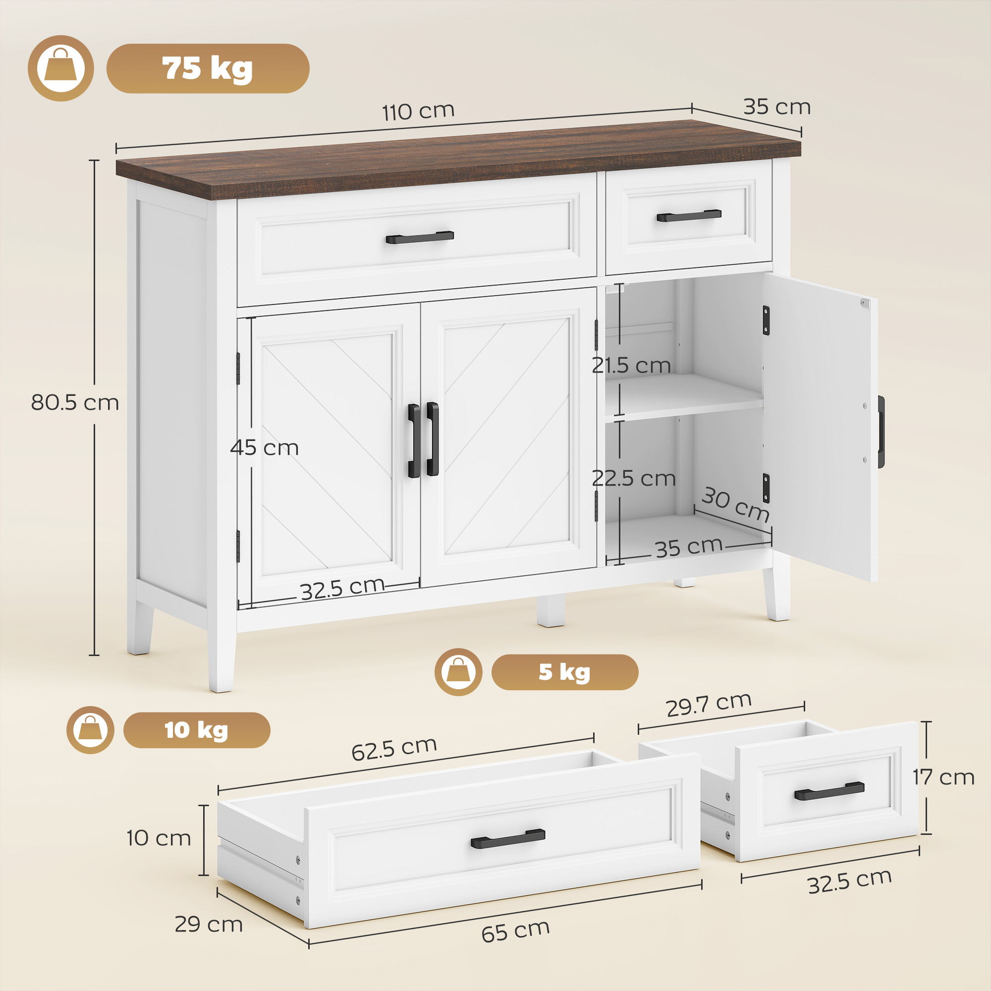 Un mobile bianco con piano in legno, due cassetti e due ante. Dimensioni indicate.