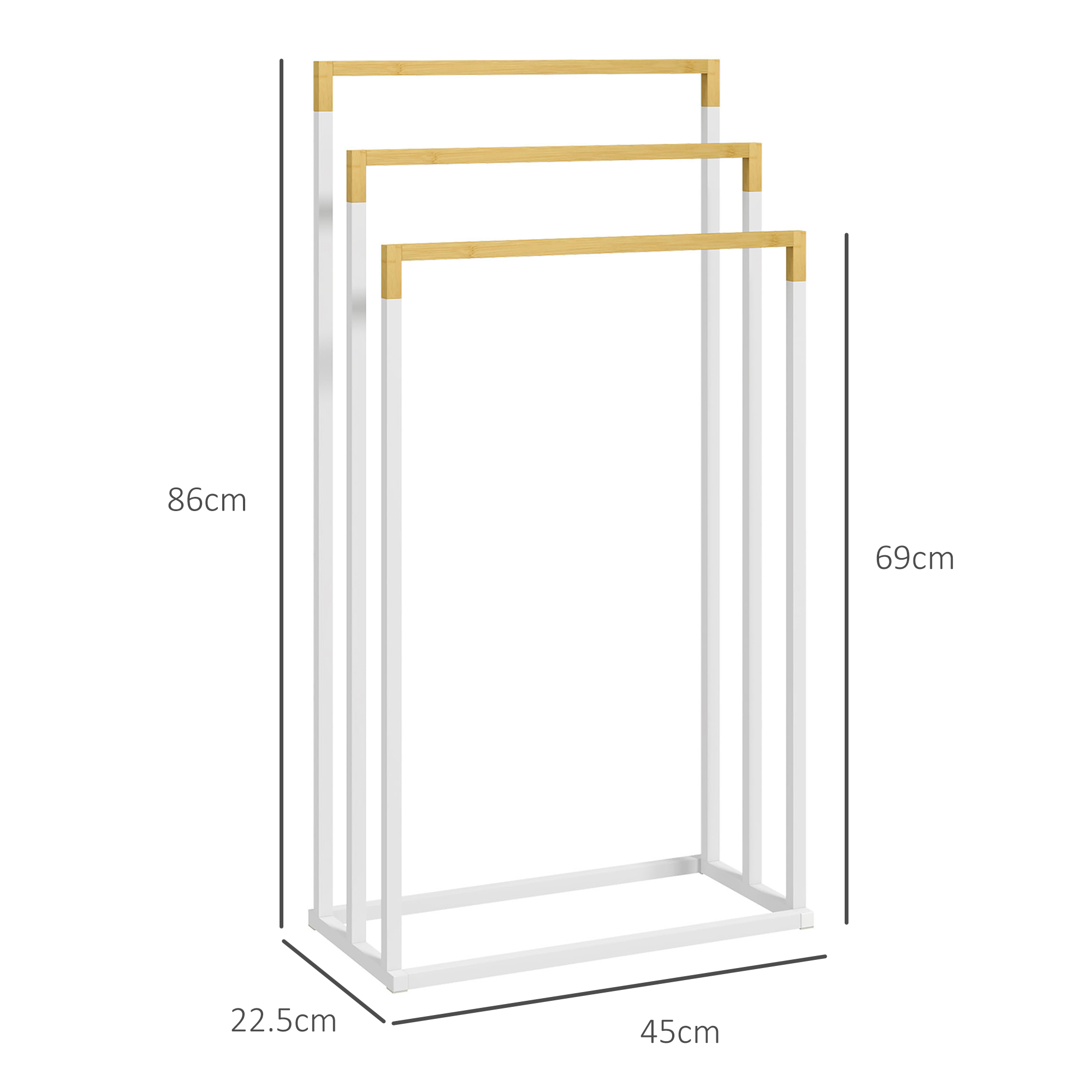 Un porta asciugamani bianco con tre barre di legno, 86x45x22,5cm.
