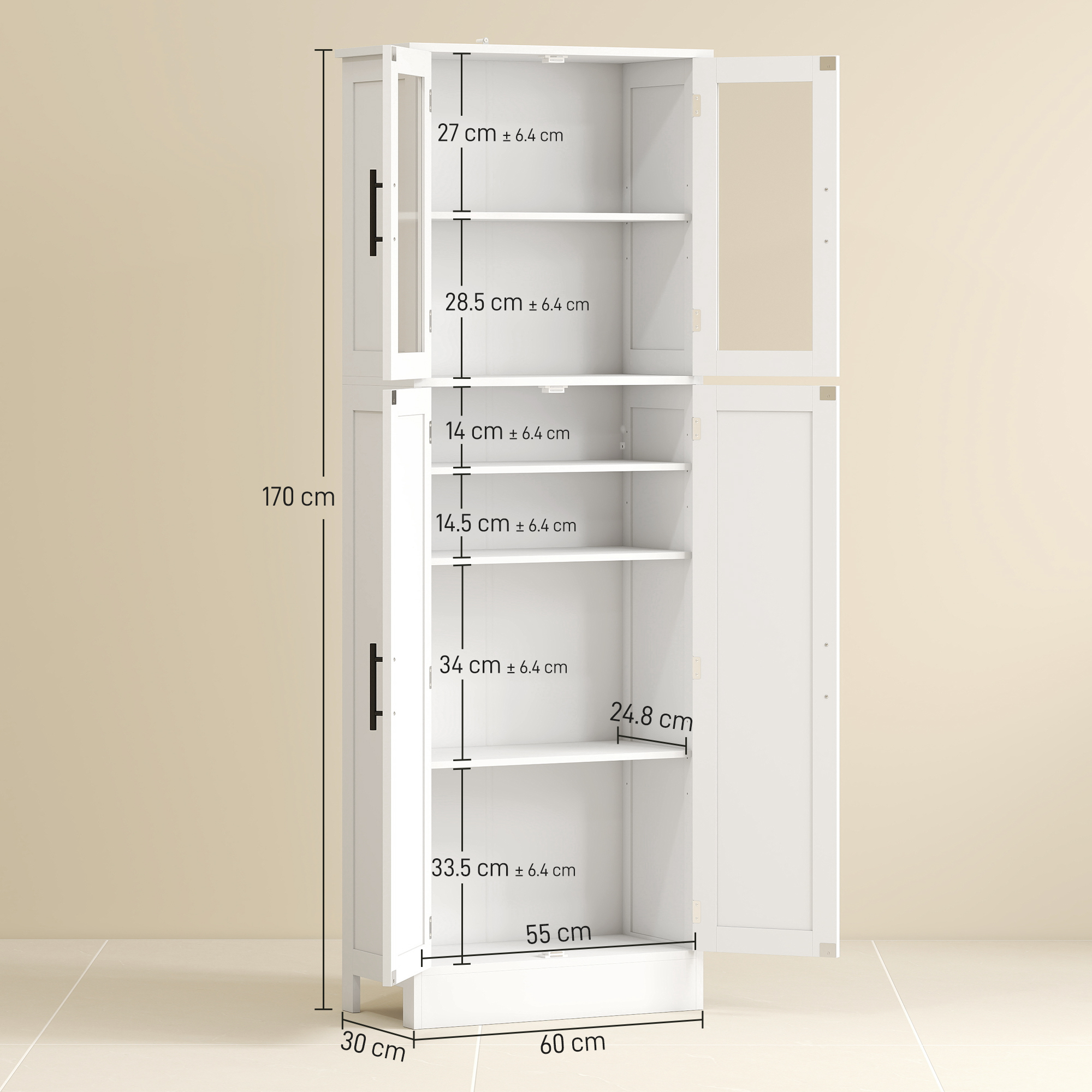 Un mobile bianco aperto con più ripiani e misurazioni.
