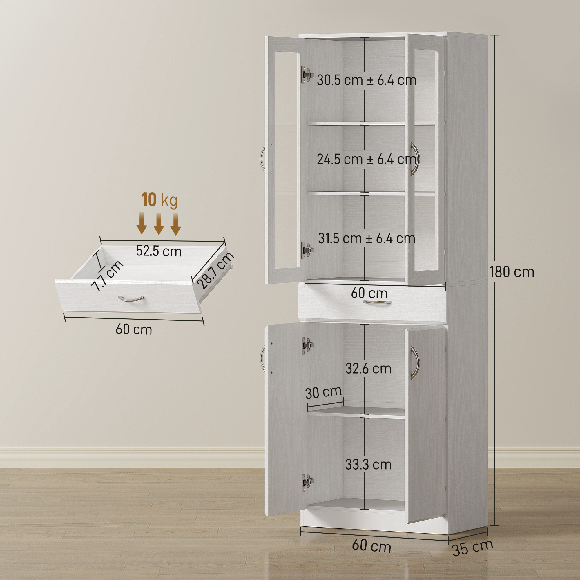Mobile bianco con dimensioni, ante aperte e cassetto. Mostra misure interne.