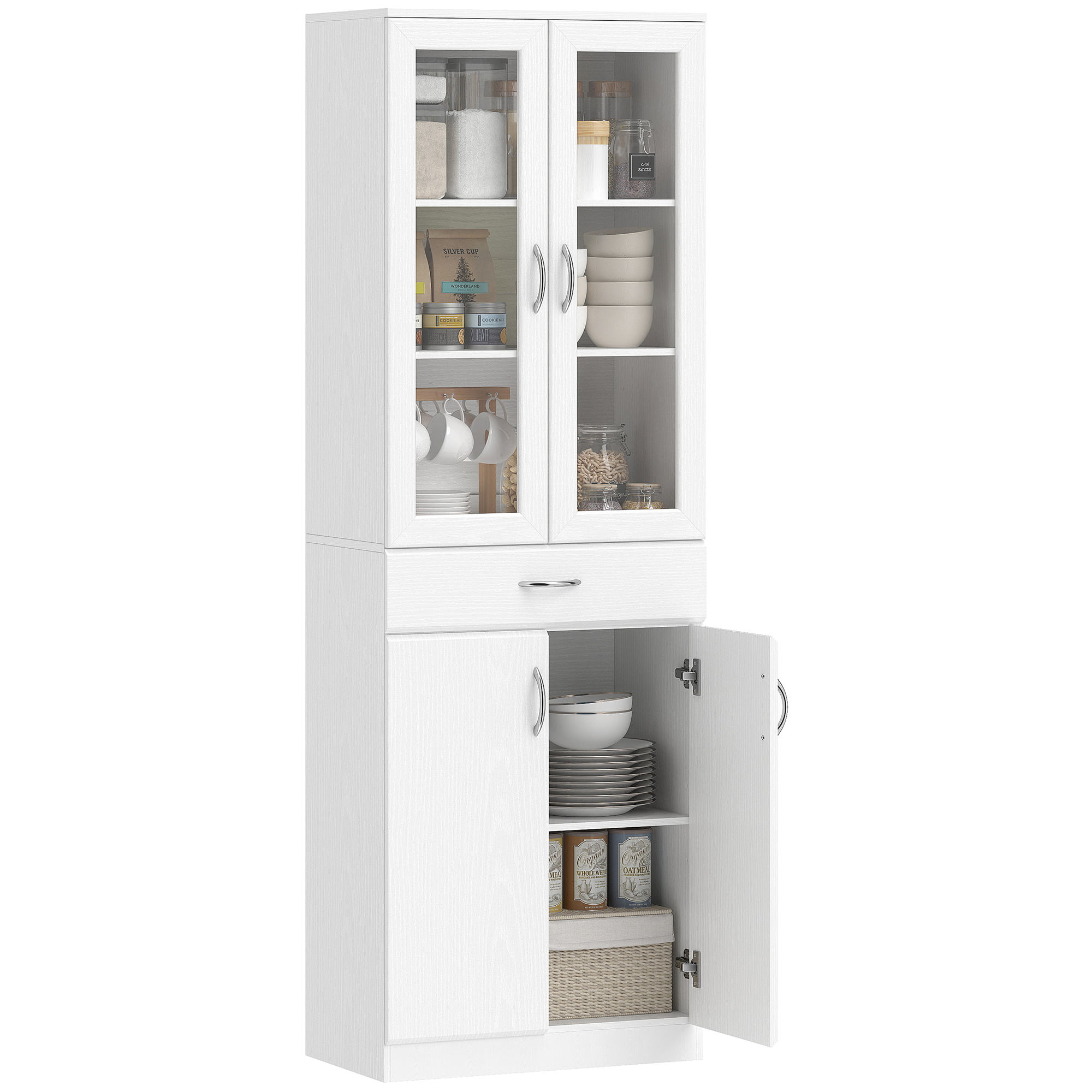 Una credenza da cucina bianca con ante in vetro, piena di piatti e cibo.