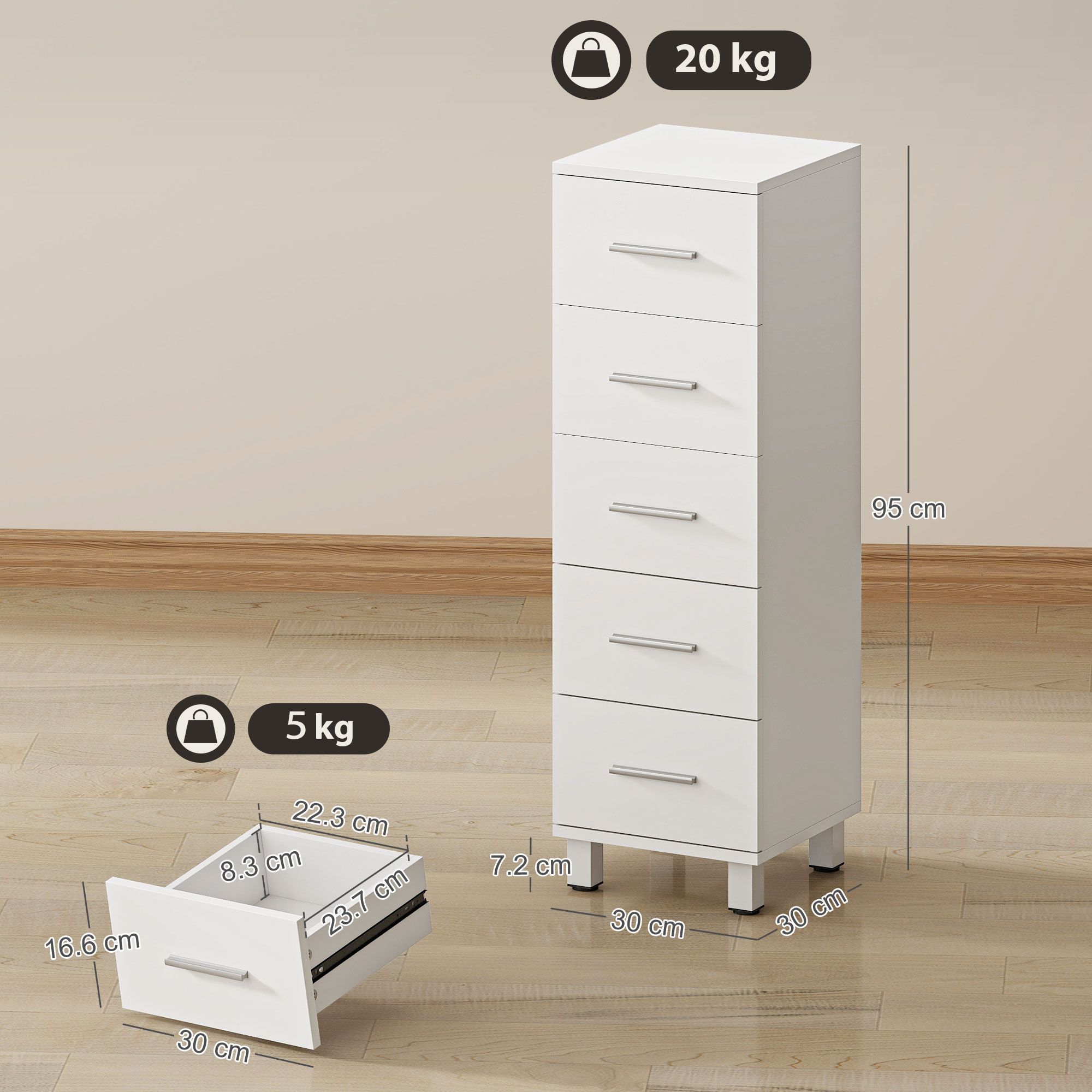 Un mobile bianco a 5 cassetti con un cassetto aperto accanto. Vengono mostrate le dimensioni.