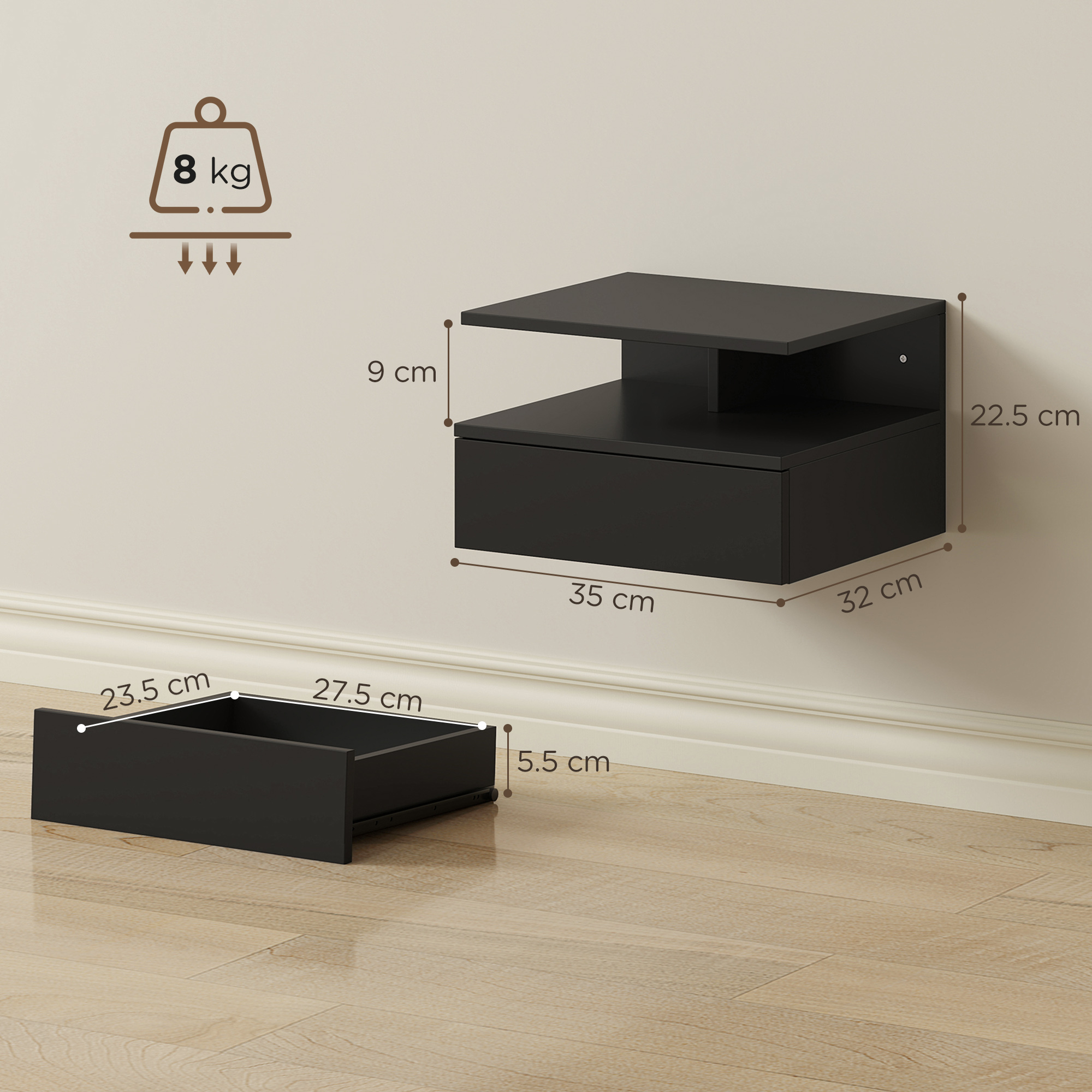 Mensola nera da parete con cassetto. Dimensioni indicate.