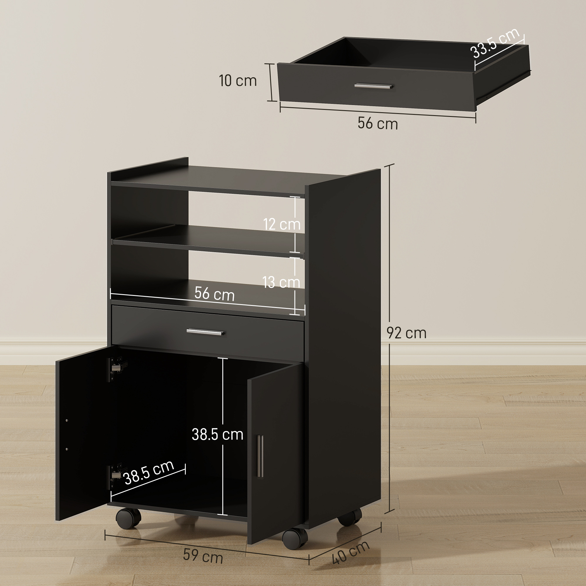 Carrello nero su ruote con ante aperte, cassetto e ripiani, con dimensioni.