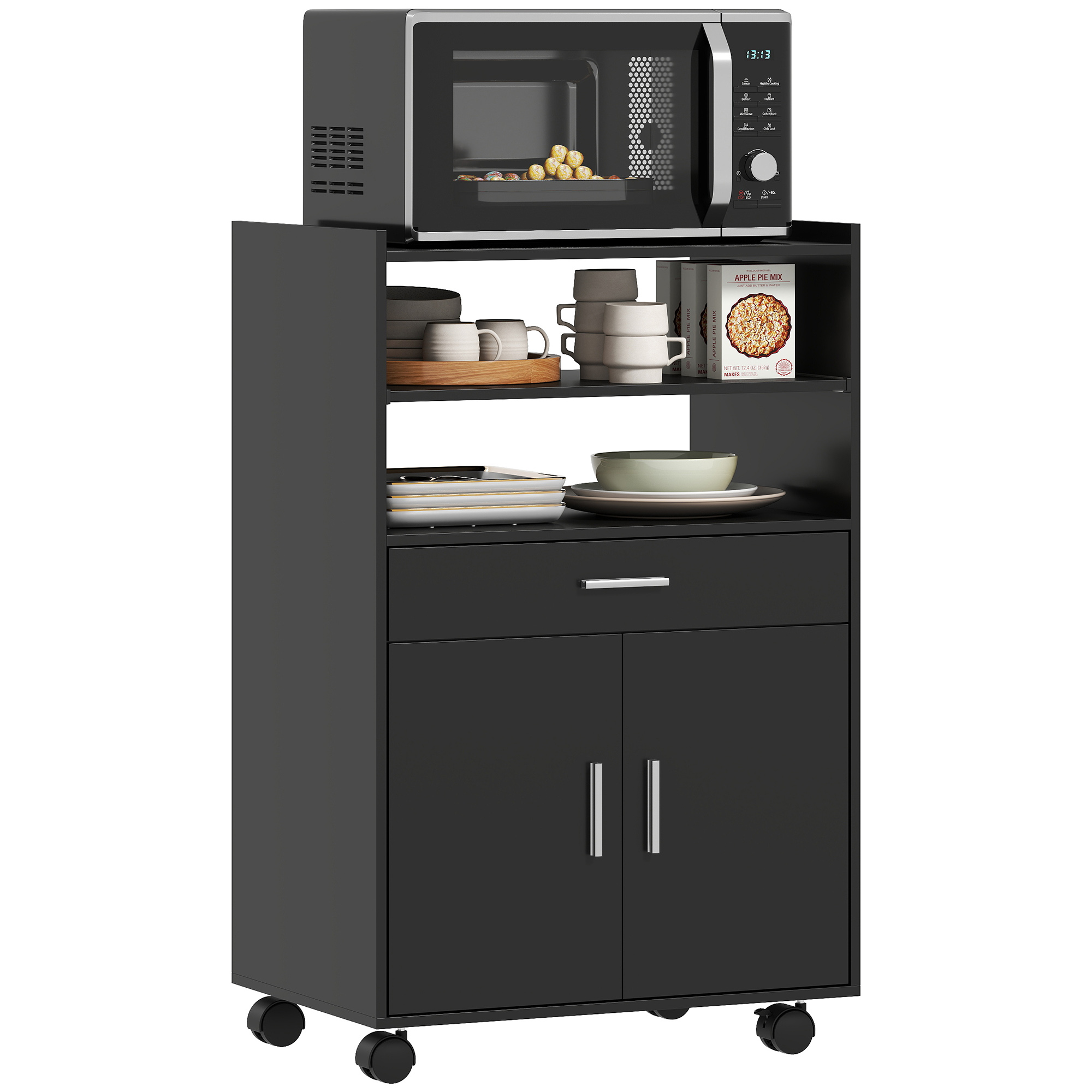 Carrello da cucina nero con microonde, piatti e cassetti su ruote.