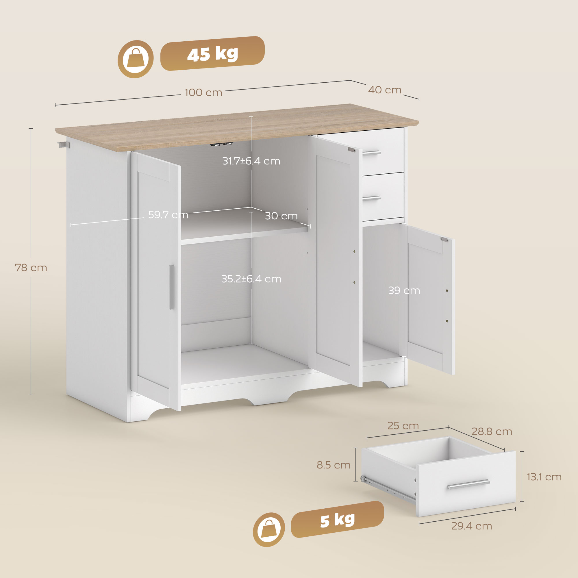 Mobile bianco con piano in legno, 100x40x78cm. Carico max 45kg.
