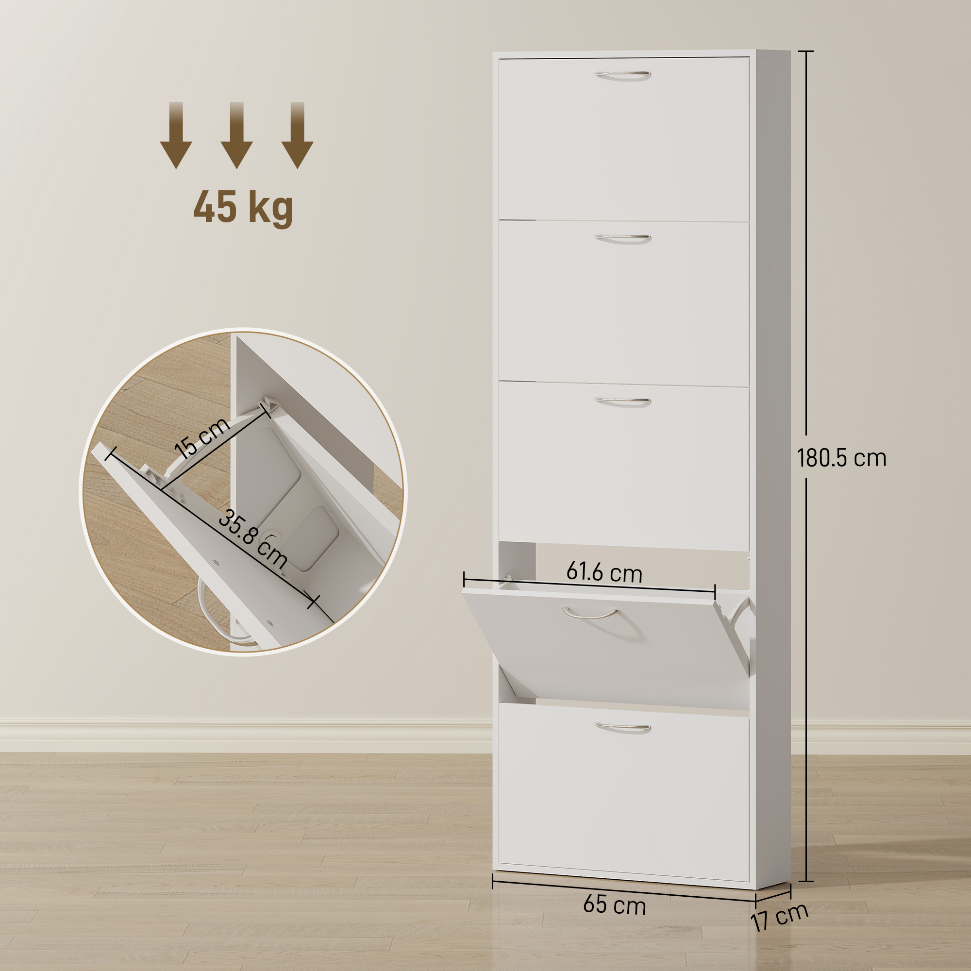 Un mobiletto portabiancheria bianco alto con cassetti ribaltabili e dimensioni.